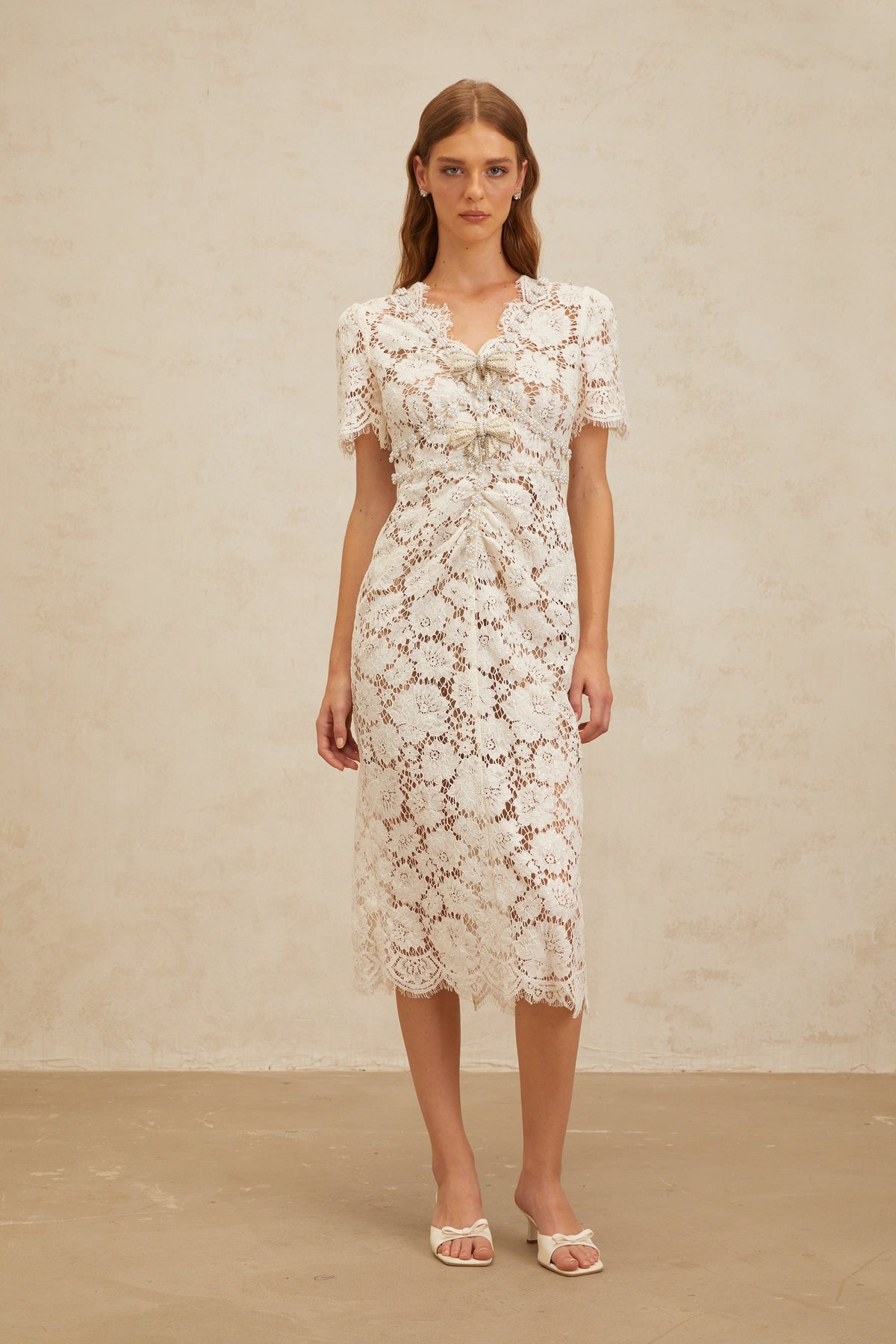 Aurore White Floral Lace Pencil Midi Dress