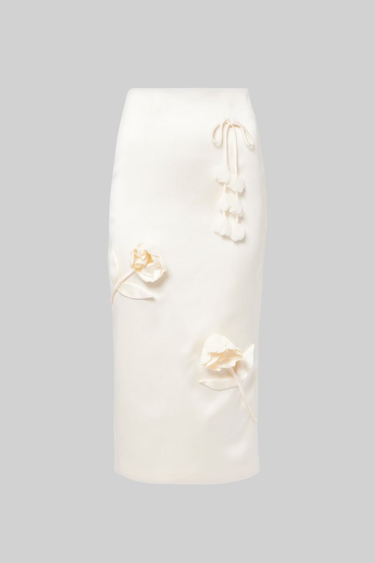 Satin Pencil Skirt with 3D Floral Appliqués - Ivoire