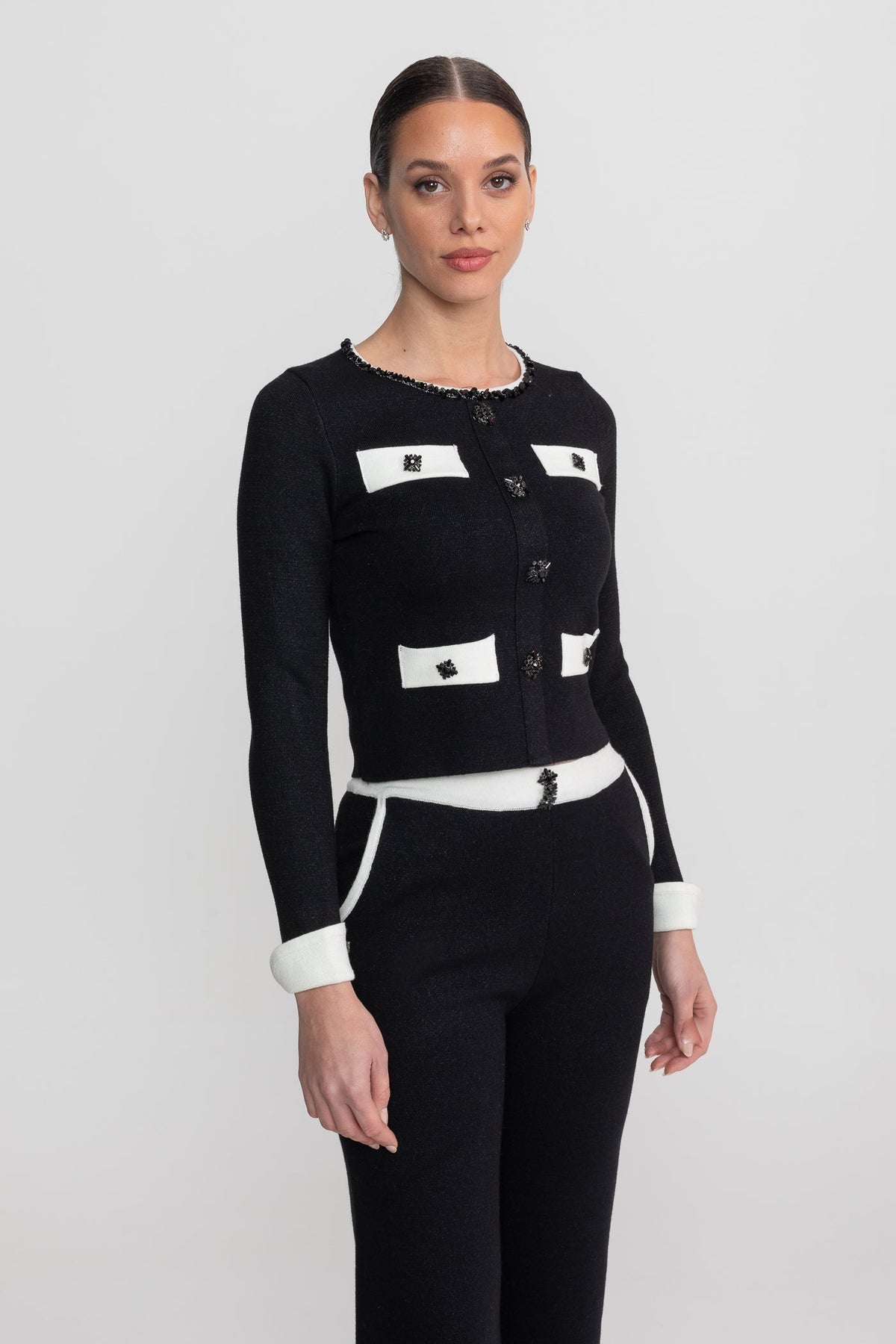 Long Sleeve Knit Co-Ord Set With Contrast Trim And Sparkling Embellishments - Black