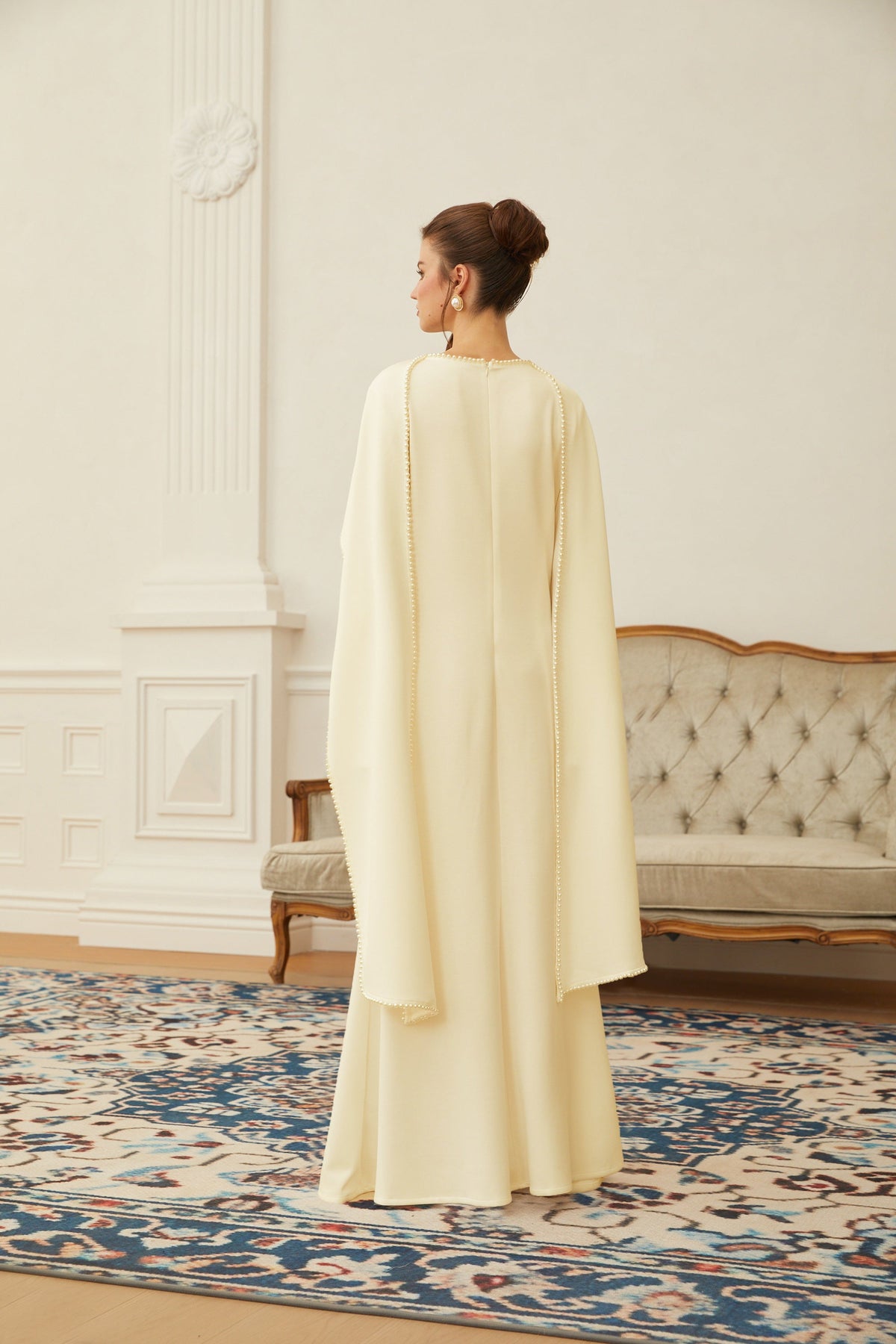 Piroska Yellow Pearl Trim Shawl Detail Maxi Dress