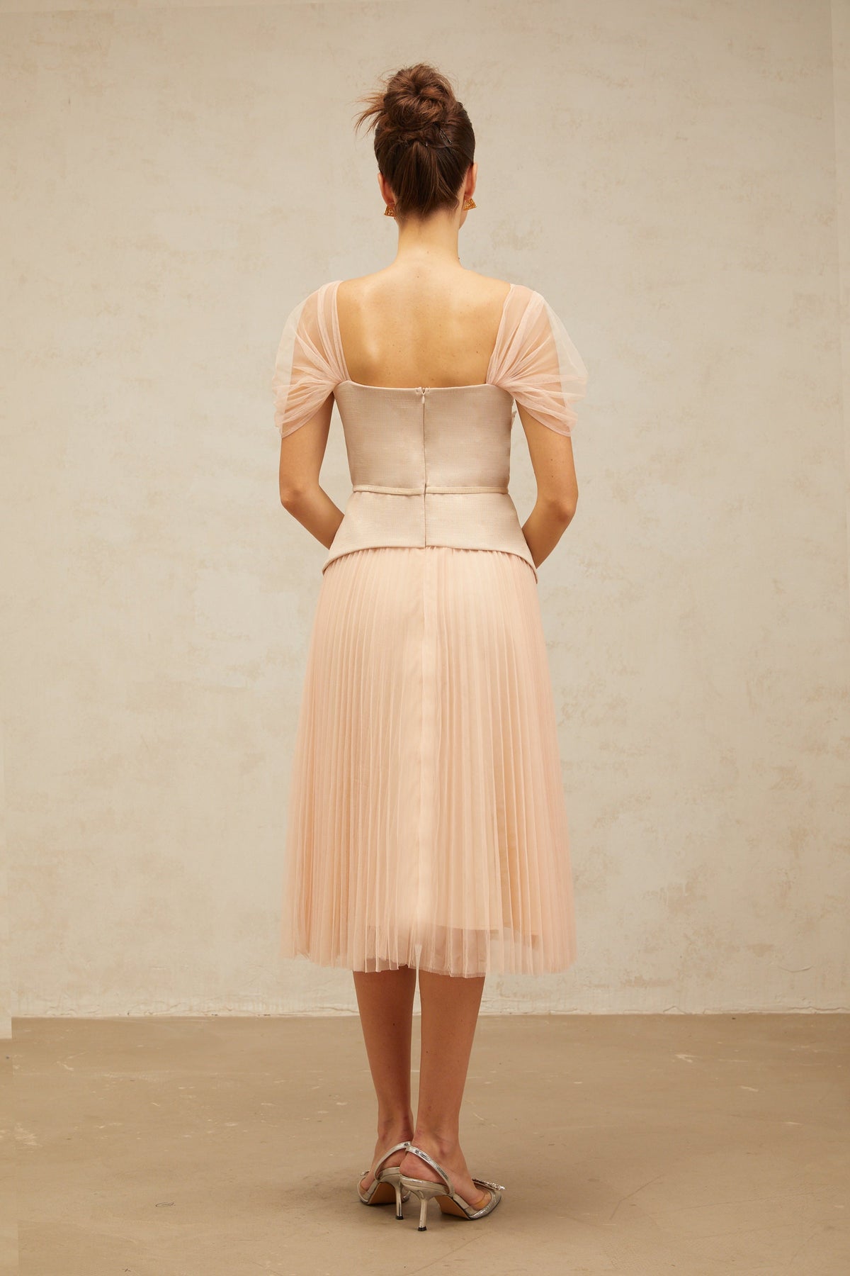 Anaëlle pink-beige flower-embroidered tulle midi dress