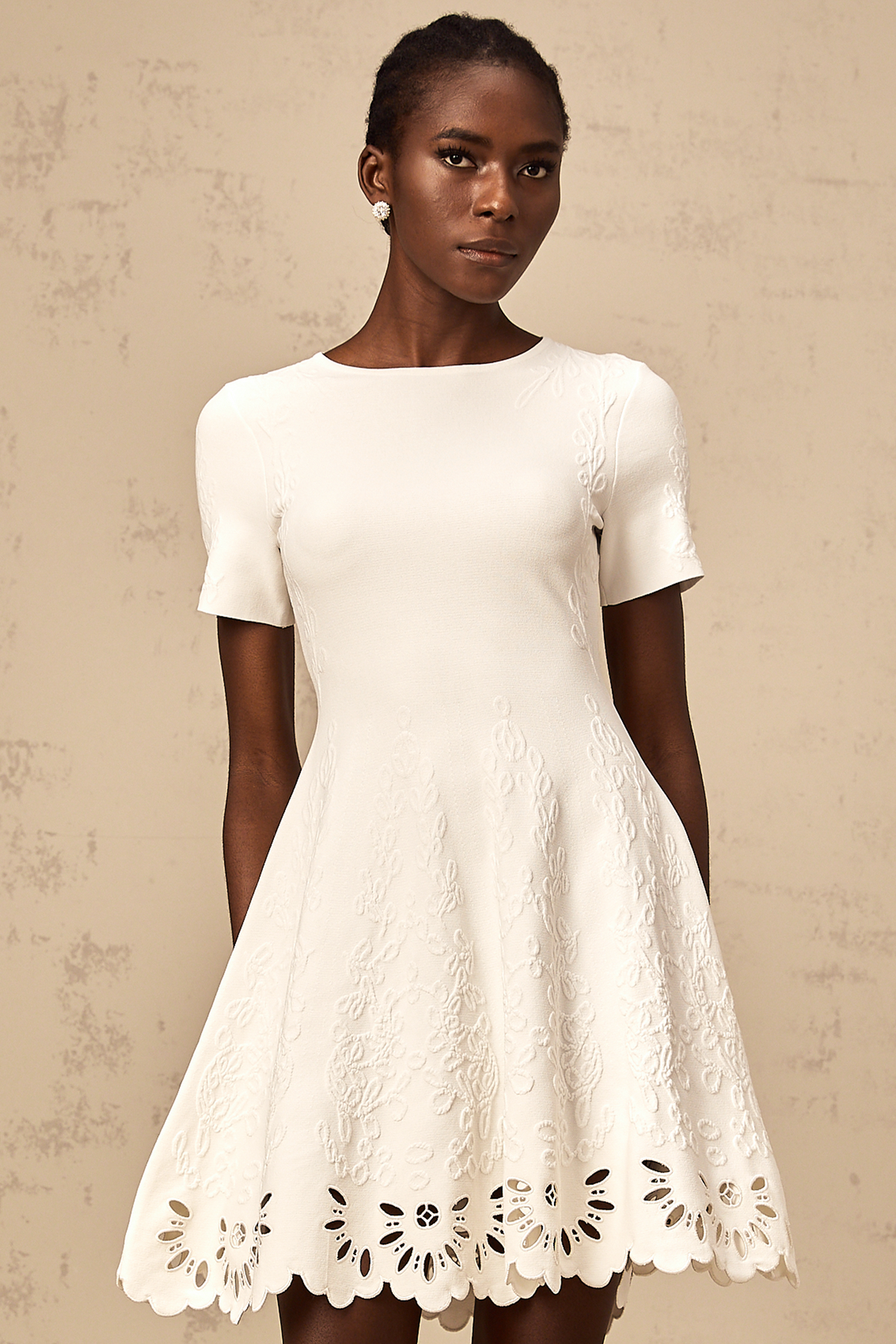 Émilie white knitted cut-out jacquard mini dress