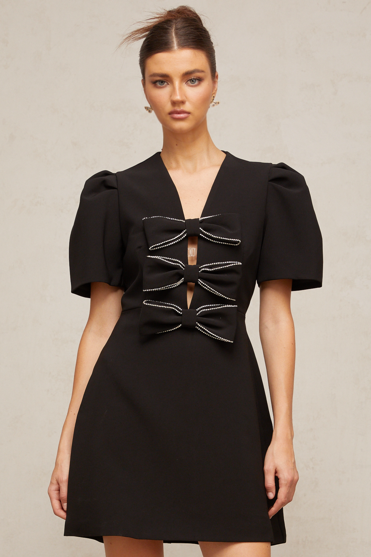 Tania black bowknot embellished mini dress