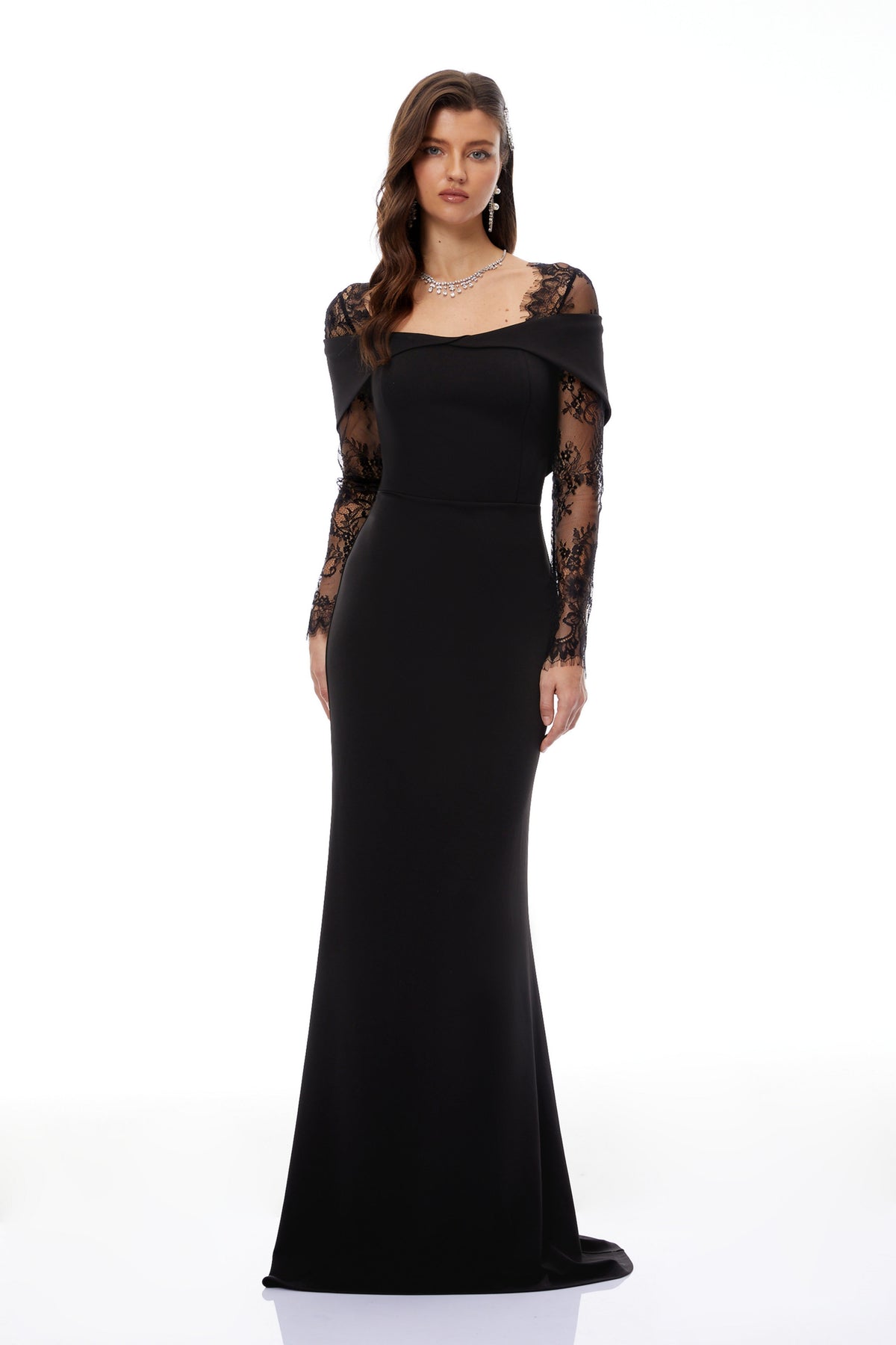 Georgiana Black Lace Panel Flared Maxi Gown