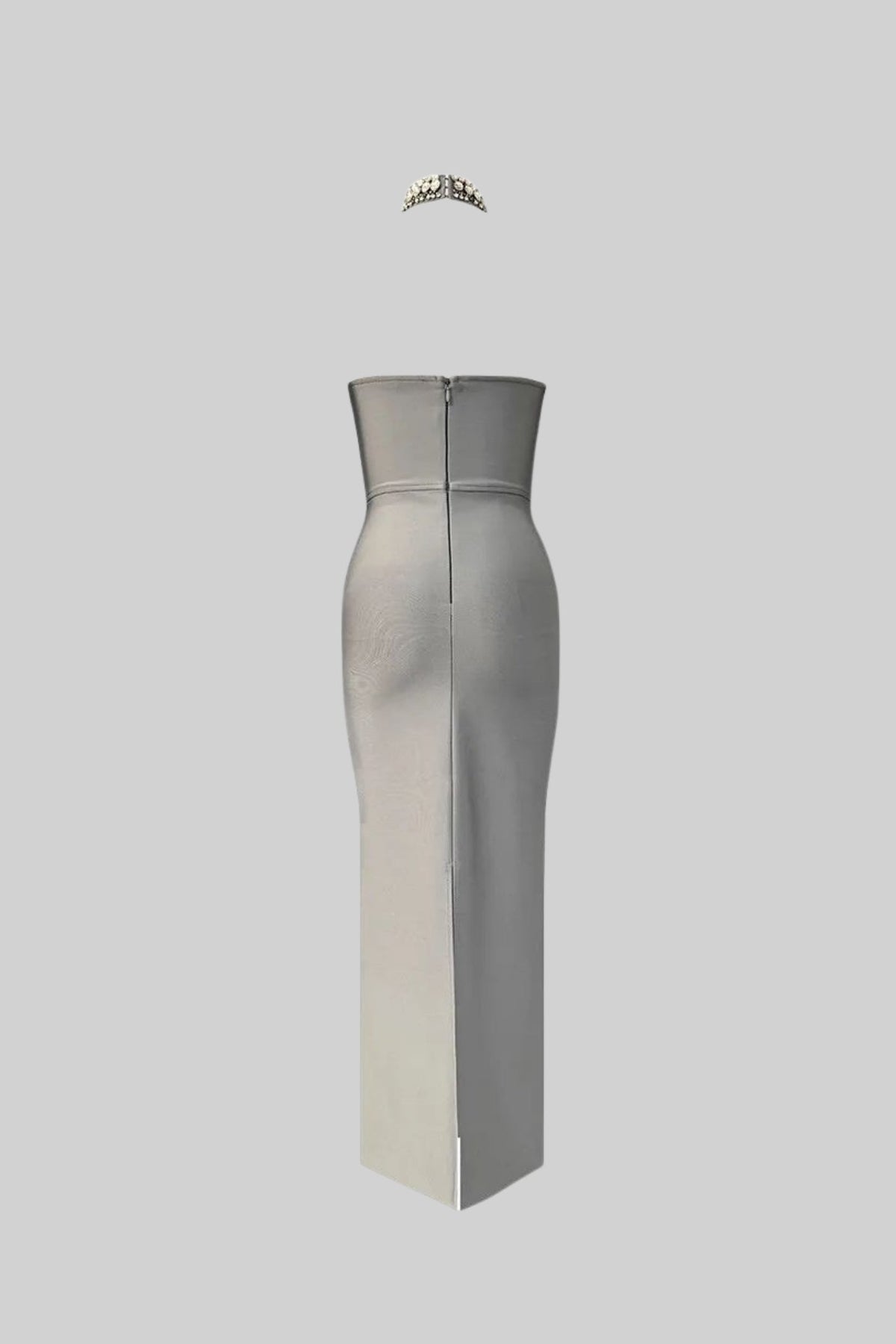 Crystal-Embellished Strapless Gown with Choker – Gray
