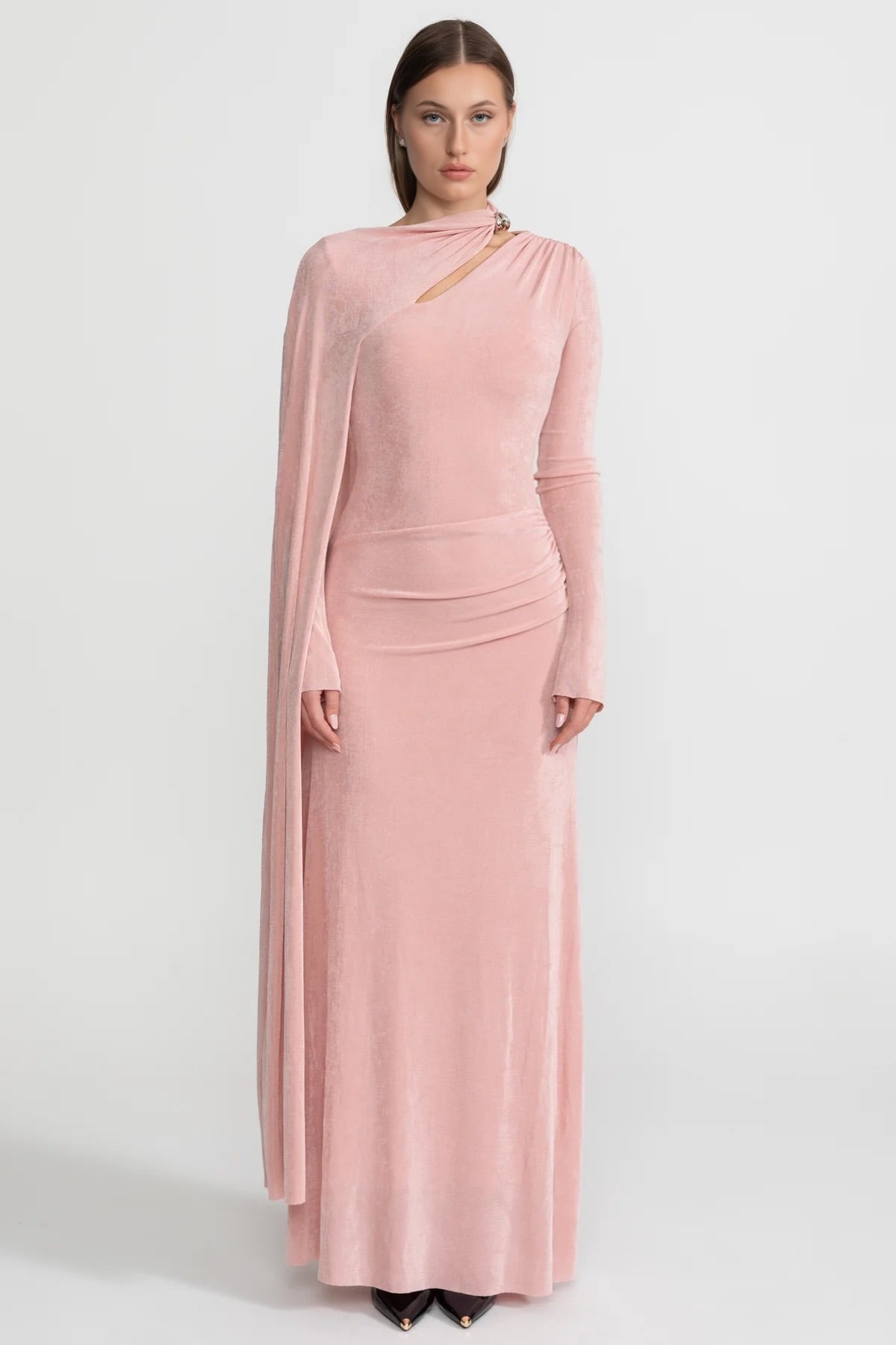 Elegant Draped Gown With Asymmetric Cutout – Blush Pink