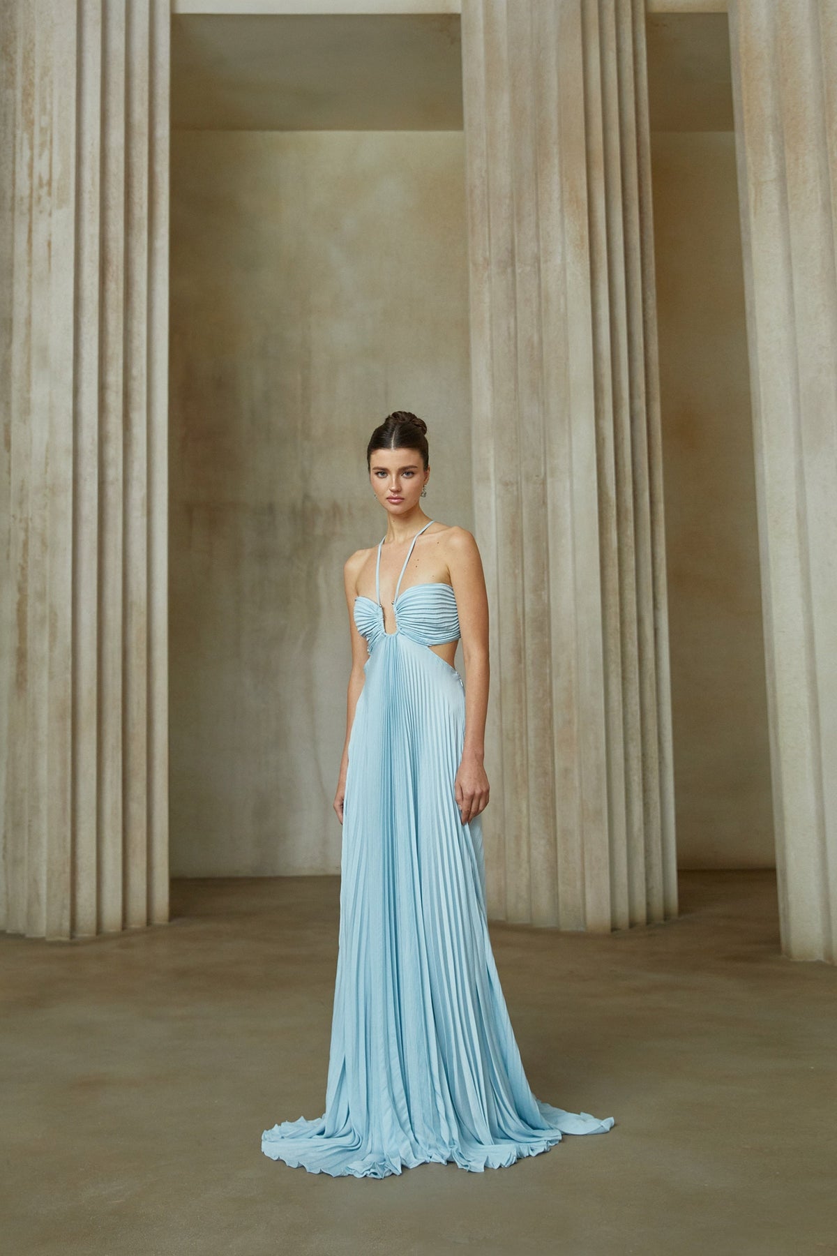 Andréa Blue Pleated Maxi Dress with Cutout Detail