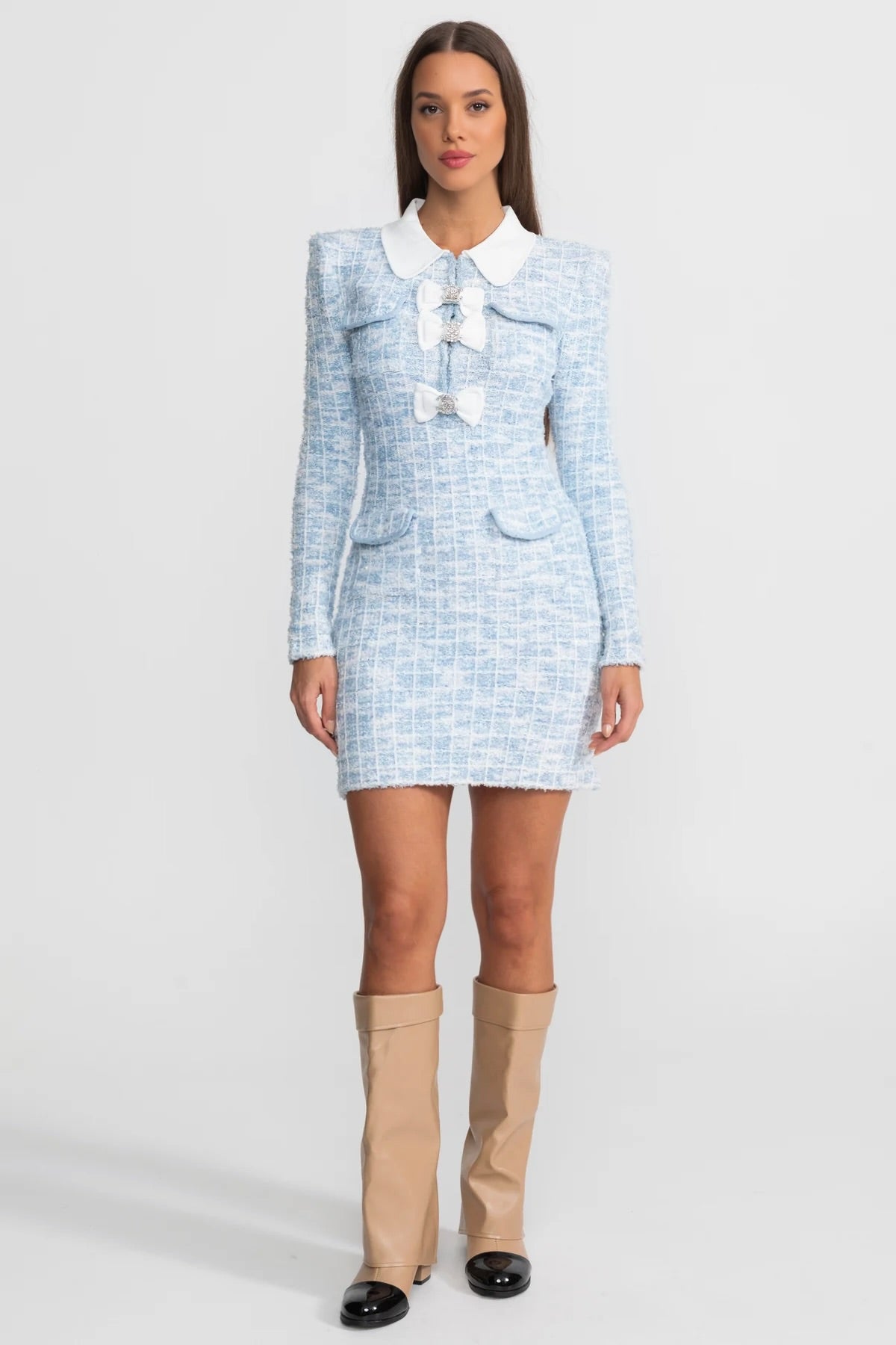 Tweed Mini Dress with Contrast Collar and Bow Embellishments - Light Blue