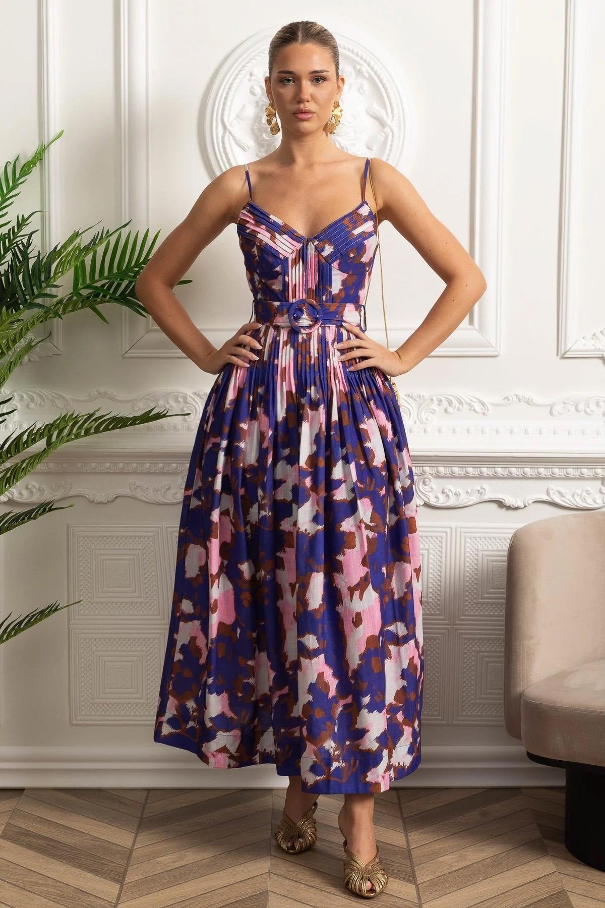 Pleated Bust Belted Midi Dress with Spaghetti Straps - Purple