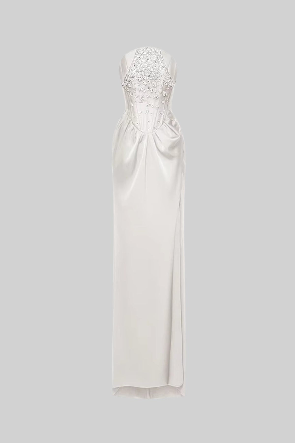 Elegant Satin Gown With Side Slit And Crystal Adornments - White