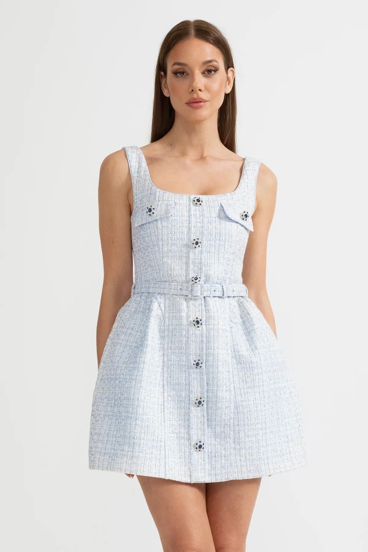 Textured Mini Dress With Fitted Bodice And Contrasting Buttons - Light Blue