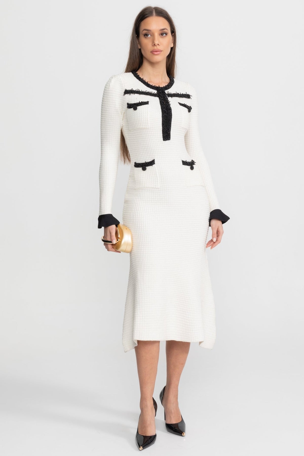 Textured Midi Dress with Contrast Embroidered Trim – Ivoire