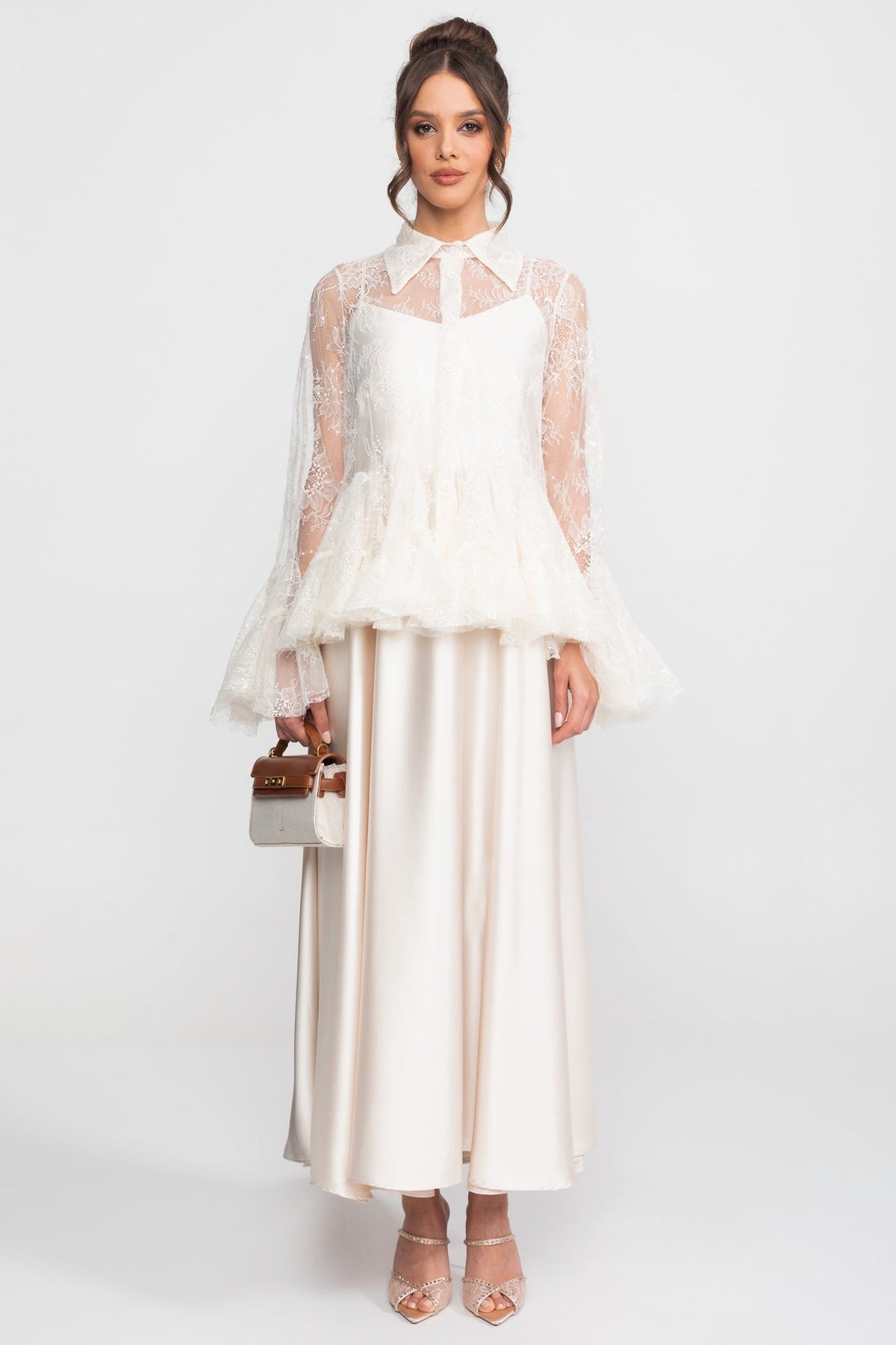 Sheer Lace Peplum Blouse With Ruffle Hem And Satin Maxi Skirt - Ivoire