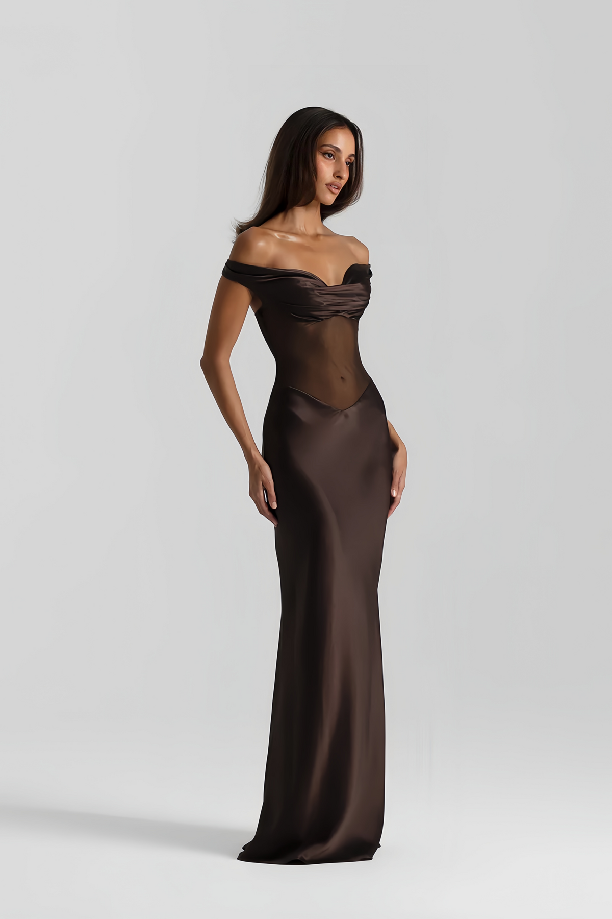 Gitta Brown Off Shoulder Satin Maxi Gown