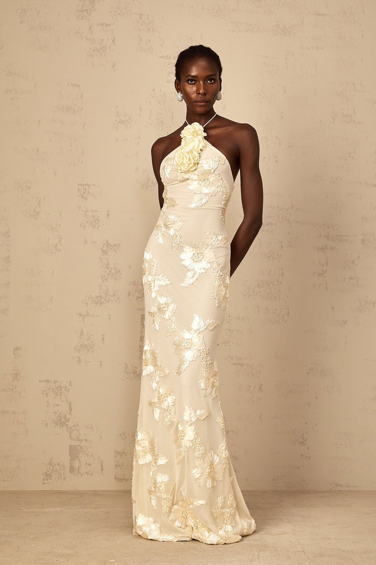 Melanie Neutrals Embroidered Halterneck Maxi Dress (Final Sale-US Only)