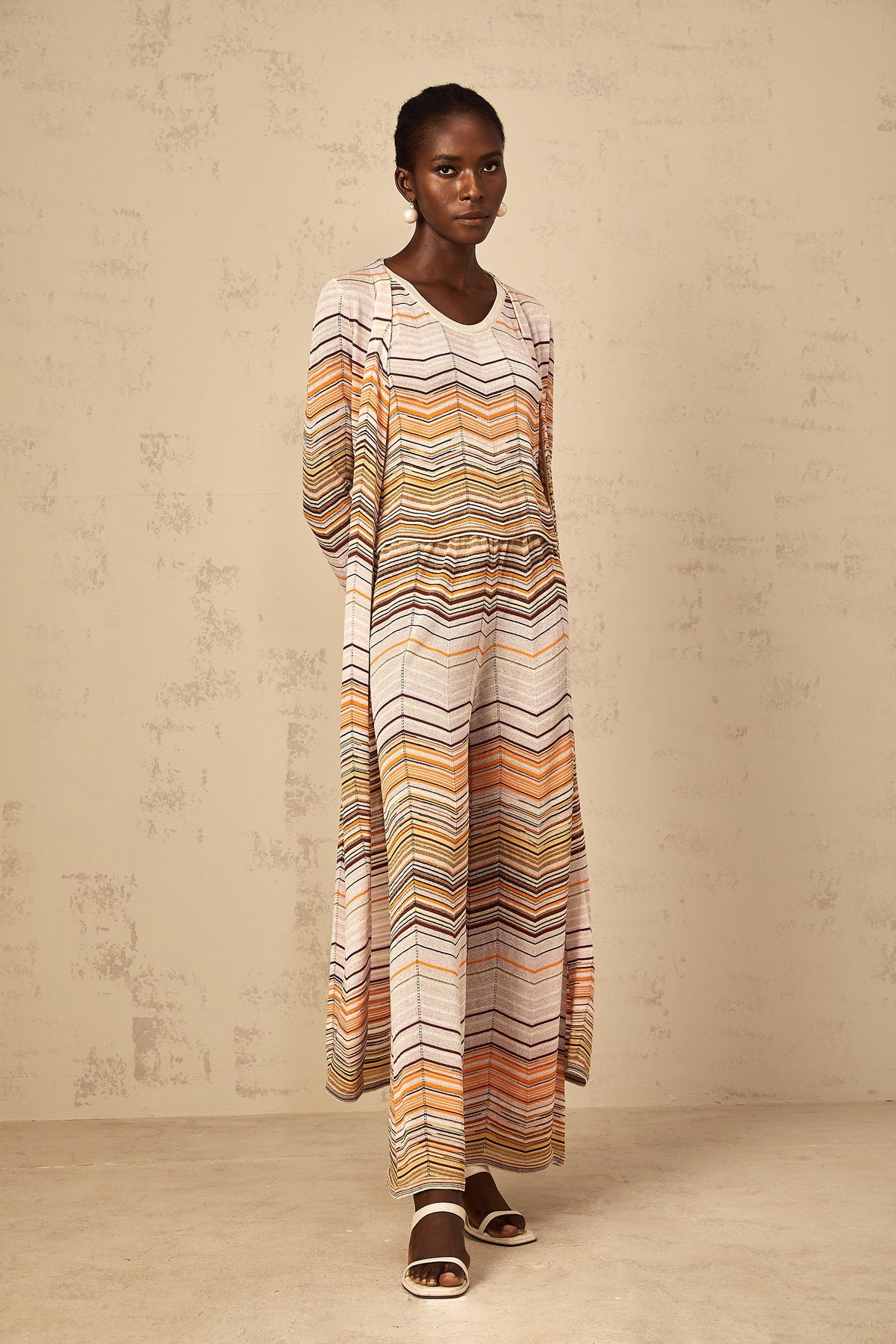Chloé Neutral Striped Knit Long Cardigan