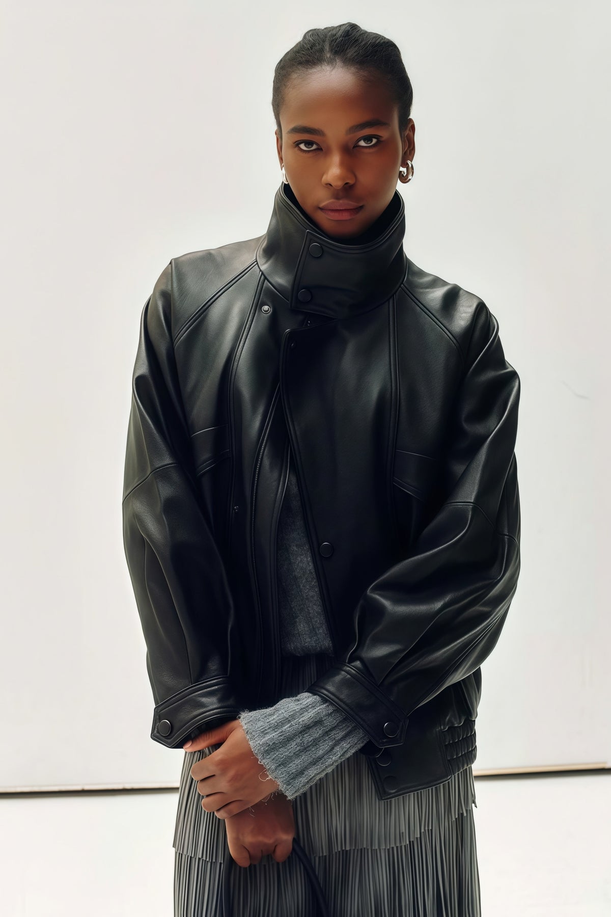 Fawn Black Stand Collar Leather Jacket