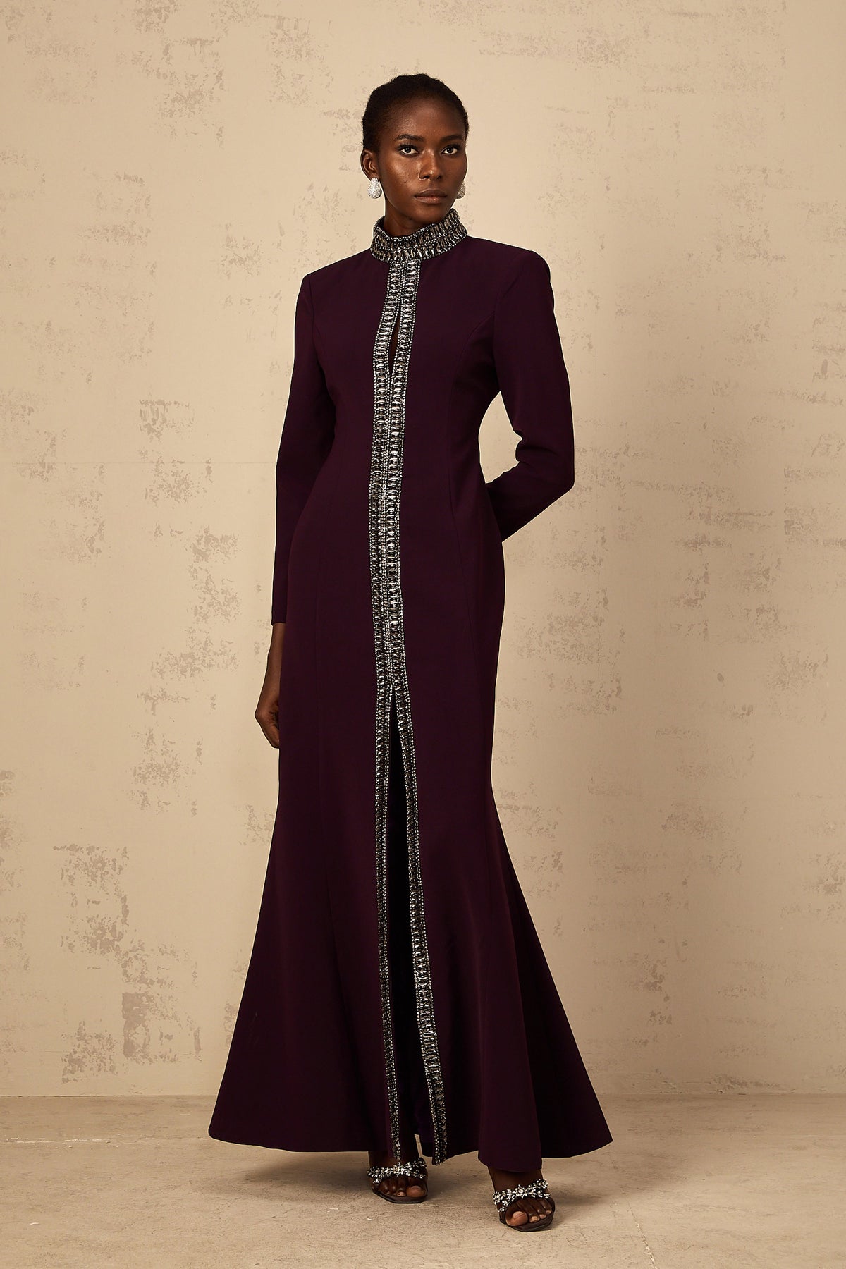 Maëlie Burgundy Embellished Flared Maxi Dress (Final Sale)
