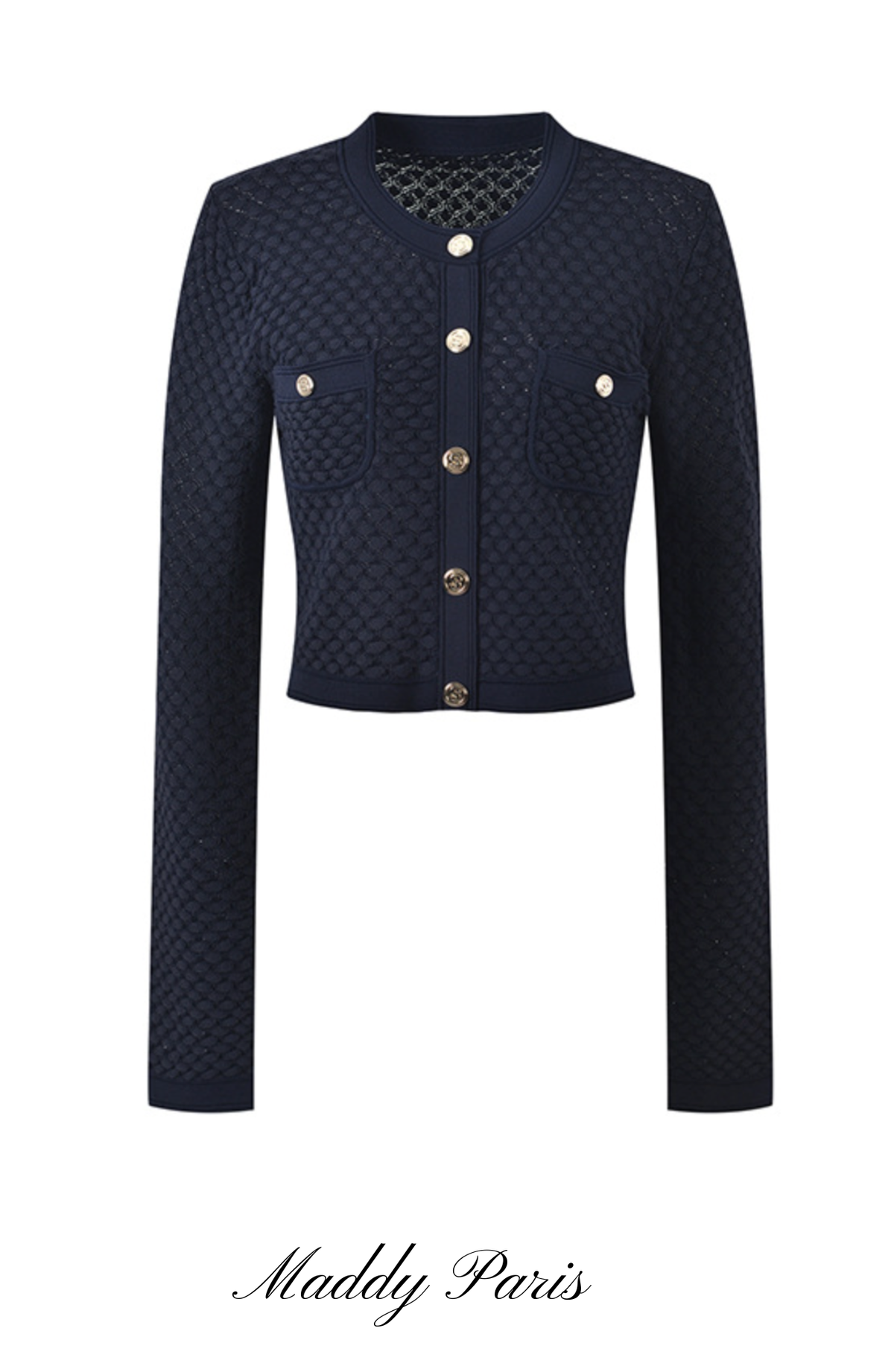 SANDRO IRINA DARK BLUE CROCHET KNIT CARDIGAN SWEATER TOP WITH GOLD BUTTONS - Dark blue