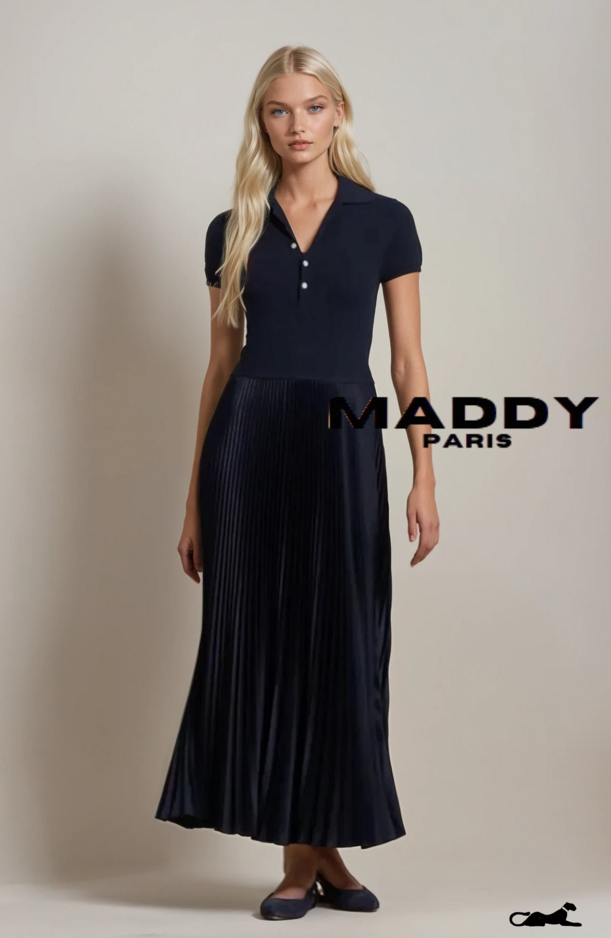 SANDRO VICTOIRE SILK-WOOL POLO PLEATED KNIT MIDI DRESS – Dark Blue