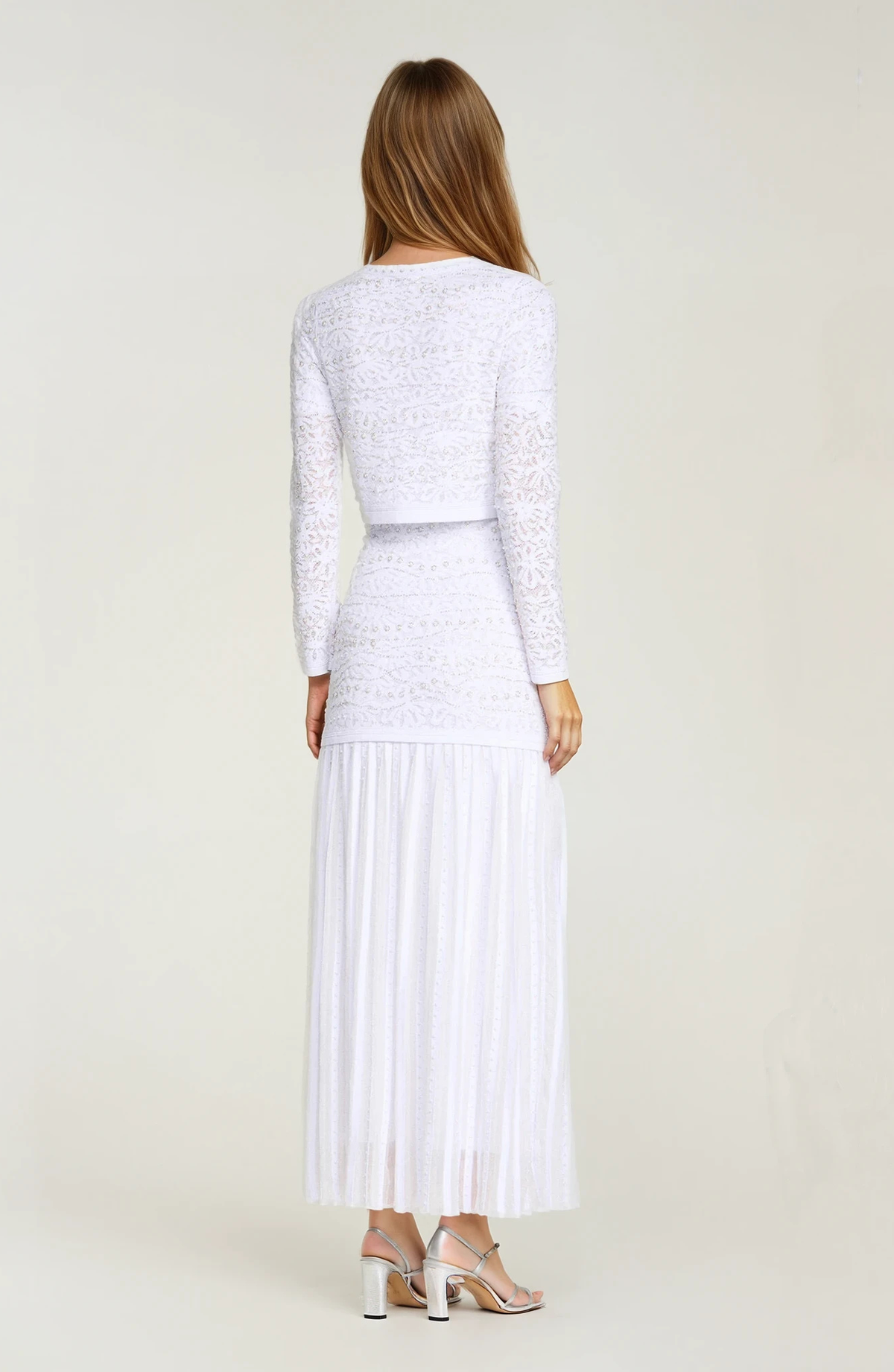 Sandro Celeste Embellished Knit Maxi Dress with Cropped Pearled Cardigan - Pearl White