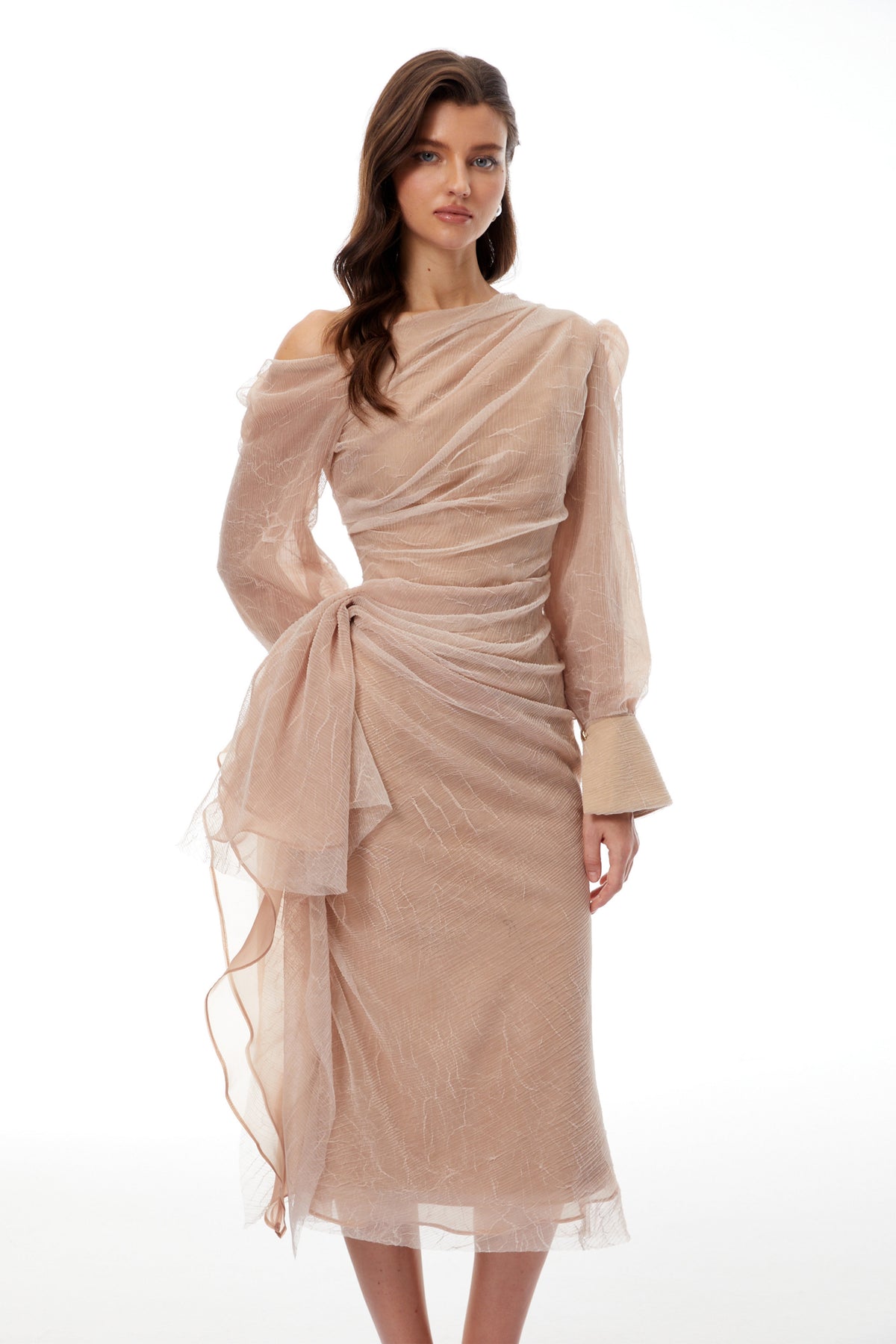 Pietro Khaki Asymmetrical Gathered Midi Dress (Final Sale-US Only)