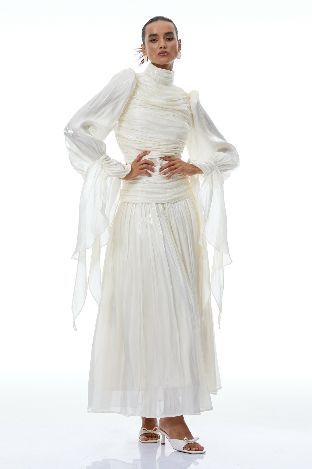 Sarolta Neutral Glossy Ruched Maxi Dress (Final Sale-US Only)