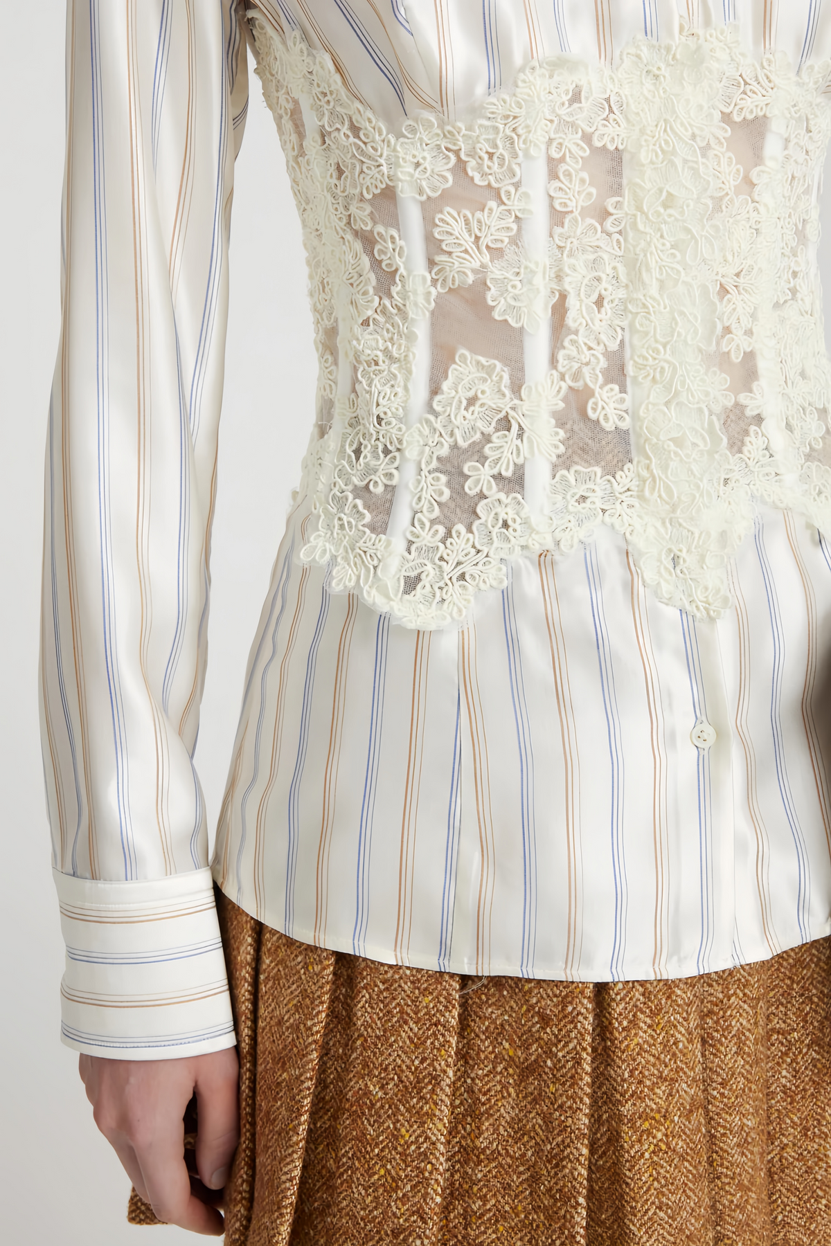 Wren White Lace Corset Panel Striped Button-Up Shirt