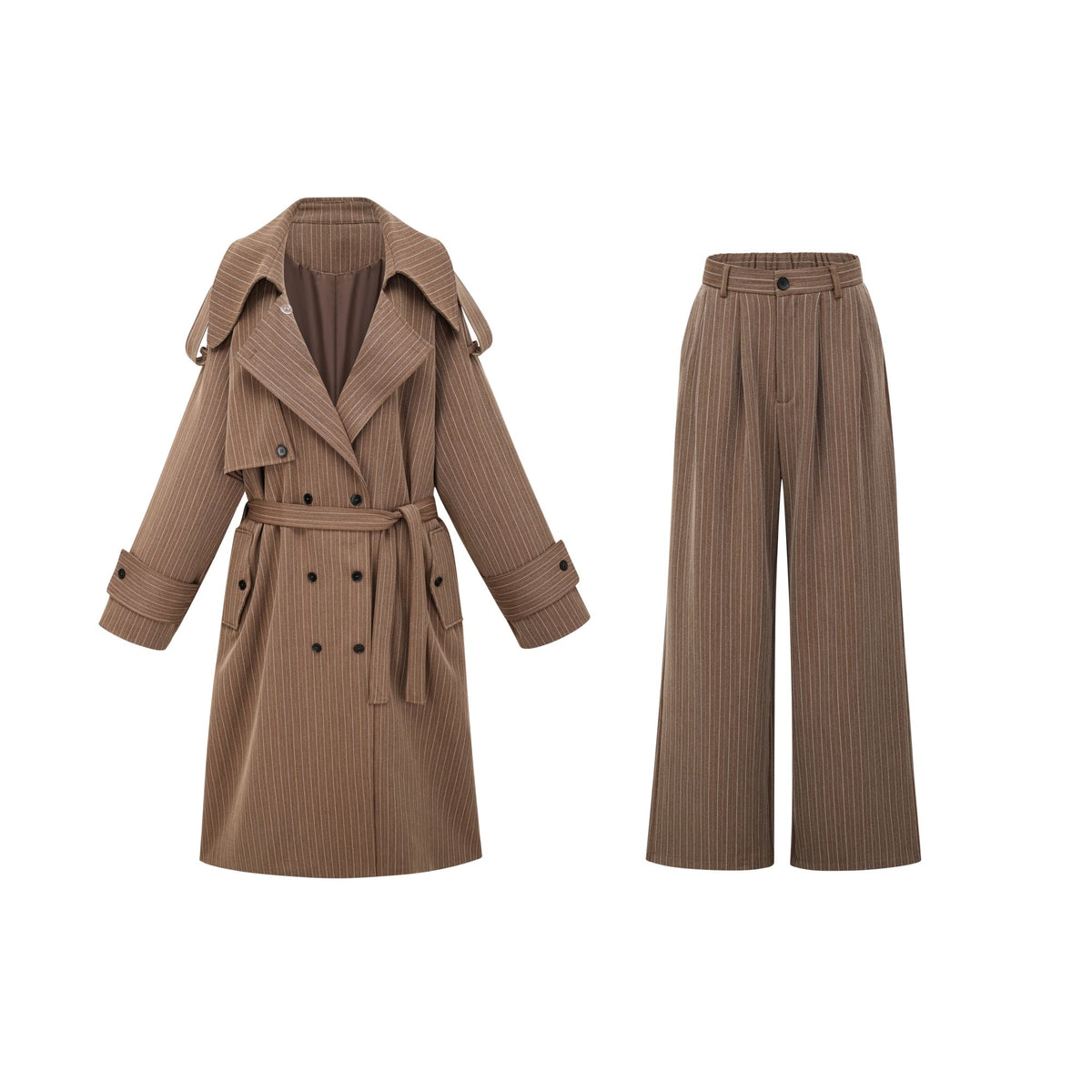 Clémence Brown Striped Trench Coat & Trousers Set - brown