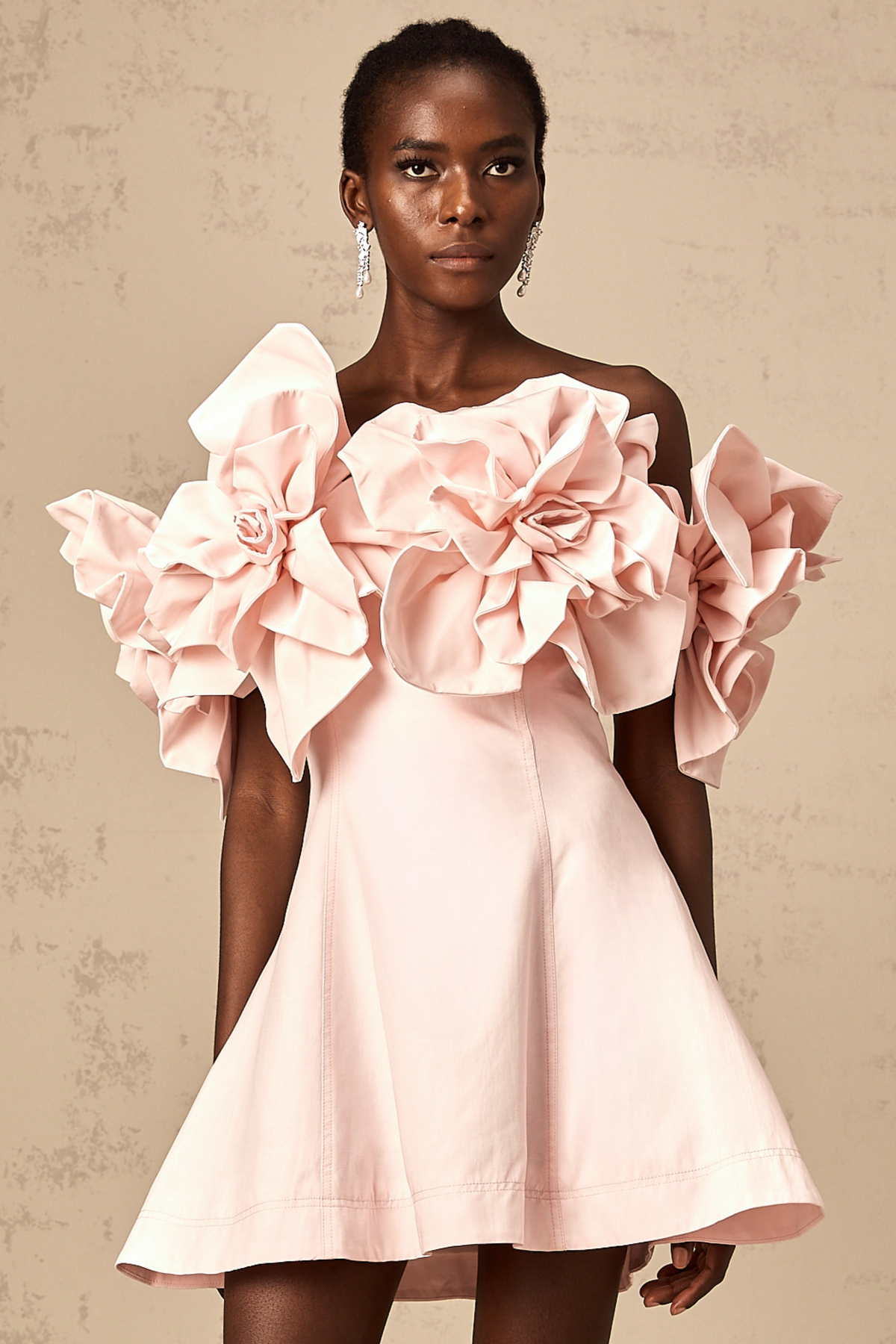 Juliette pink off-shoulder 3D-petal mini dress