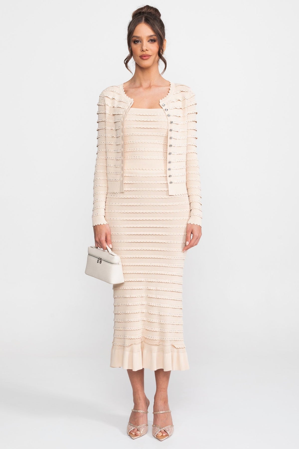 Textured Knit 3 Piece Set With Blazer, Top And Midi Skirt - Beige
