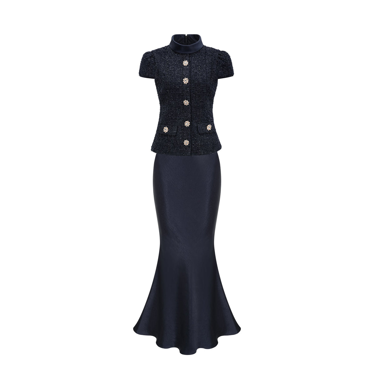 Josette Blue Peplum-Waist Paneled Maxi Dress