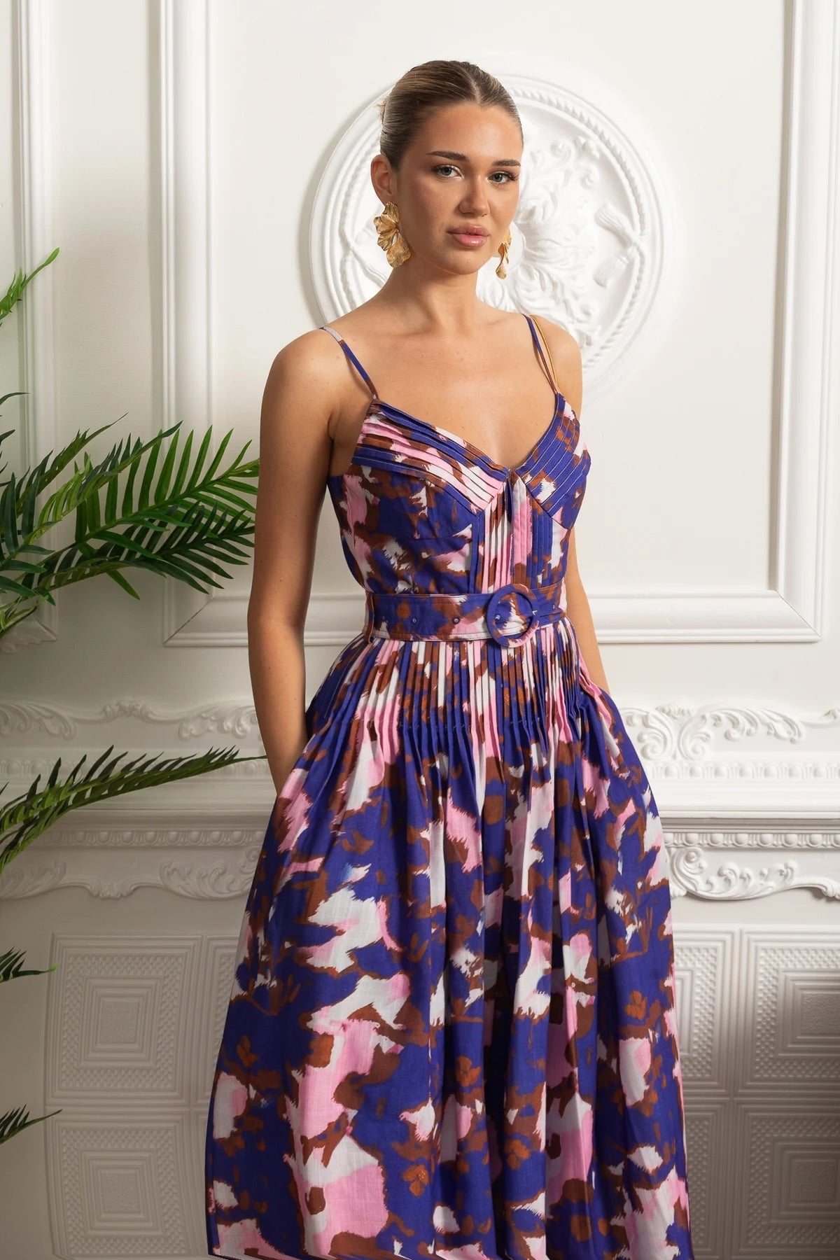 Pleated Bust Belted Midi Dress with Spaghetti Straps - Purple