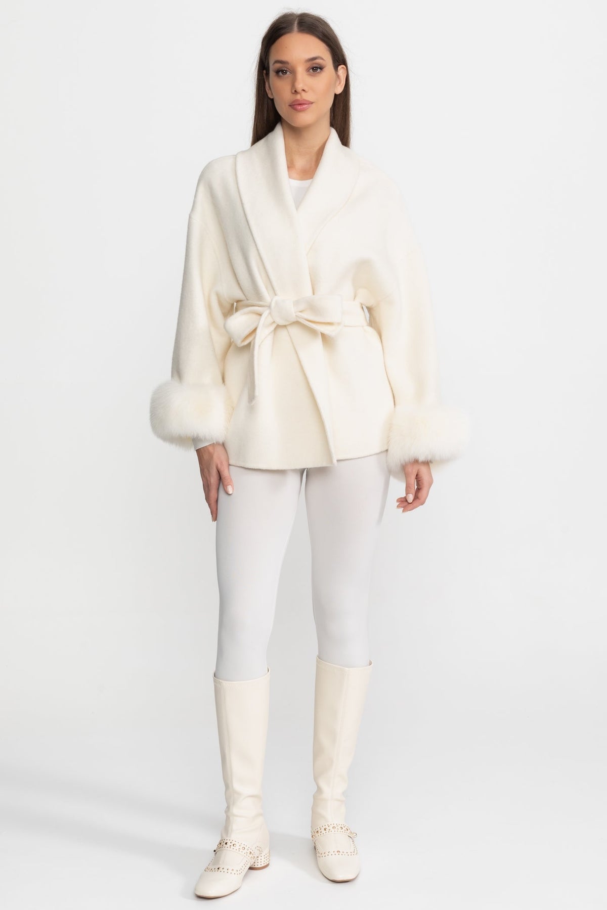 Wool Blend Wrap Jacket with Fox Fur Cuffs - Ivoire