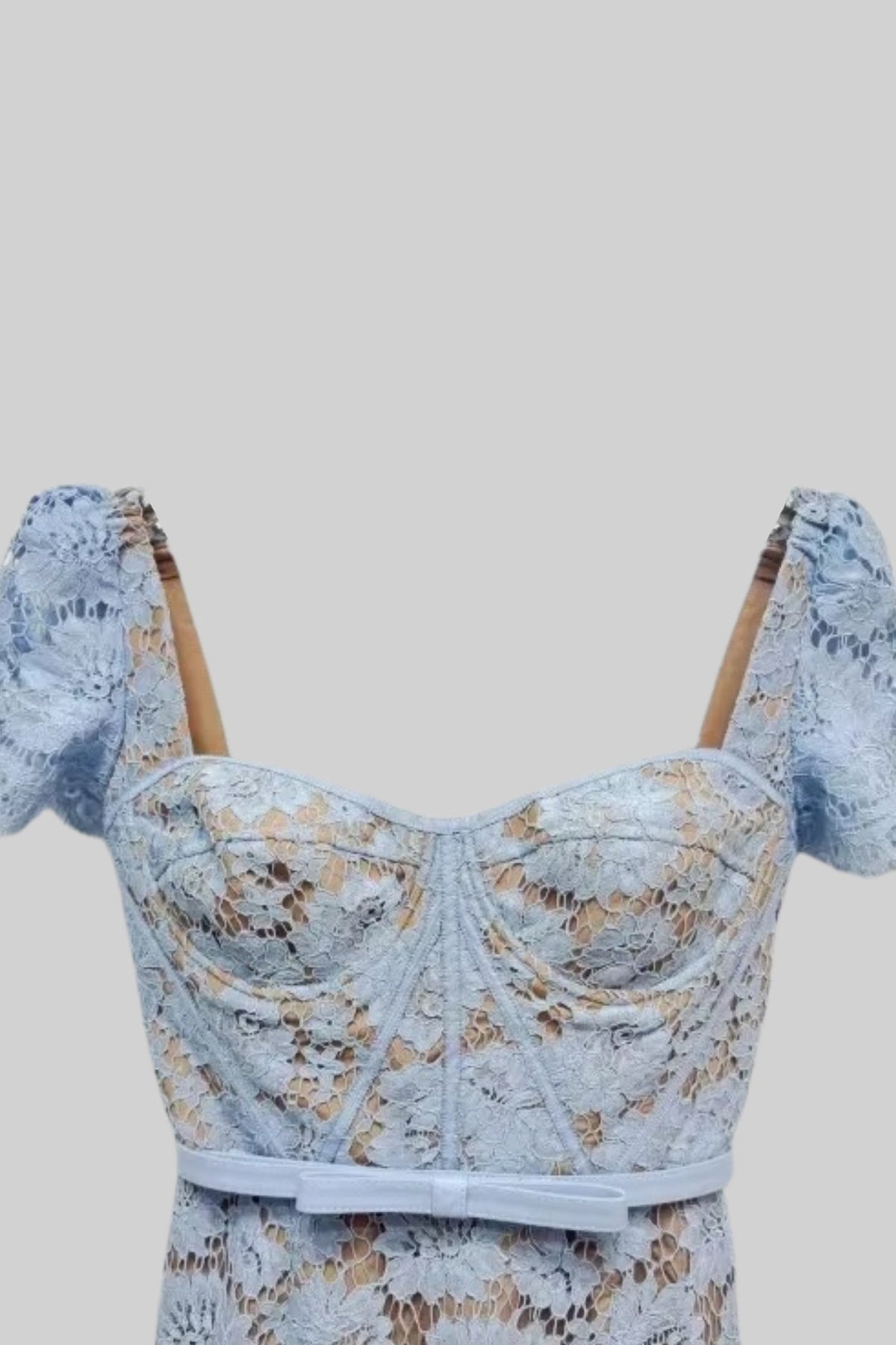 Short Sleeved Lace Dress With Delicate Matching Waist Belt - Blue