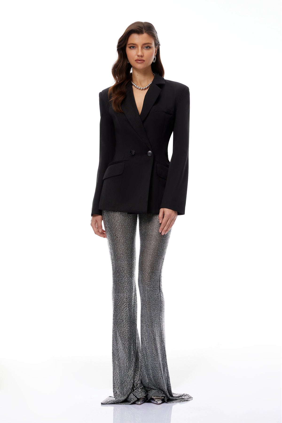 Edda Black Double-Breasted Blazer & Rhinestone Trousers Set