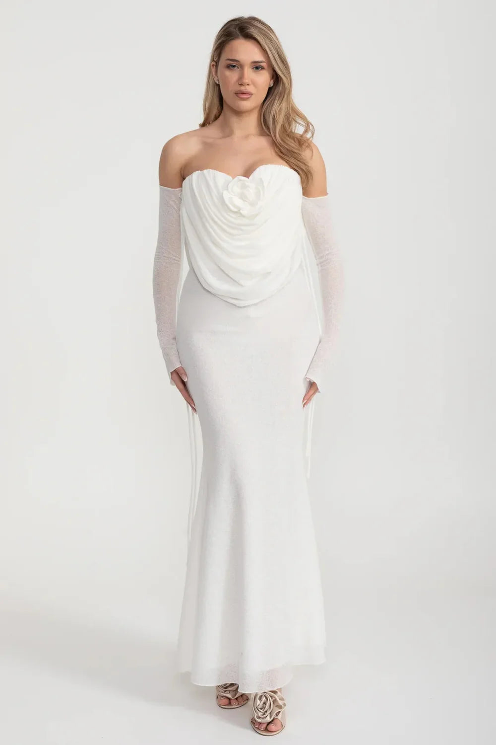 Elegant Flowing Dress With Long Sleeves, Top Draping And Central Rose Adornment - White