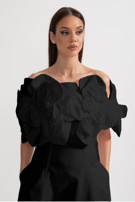 Off-Shoulder Midi Dress With Large Fabric Floral Accents - Black