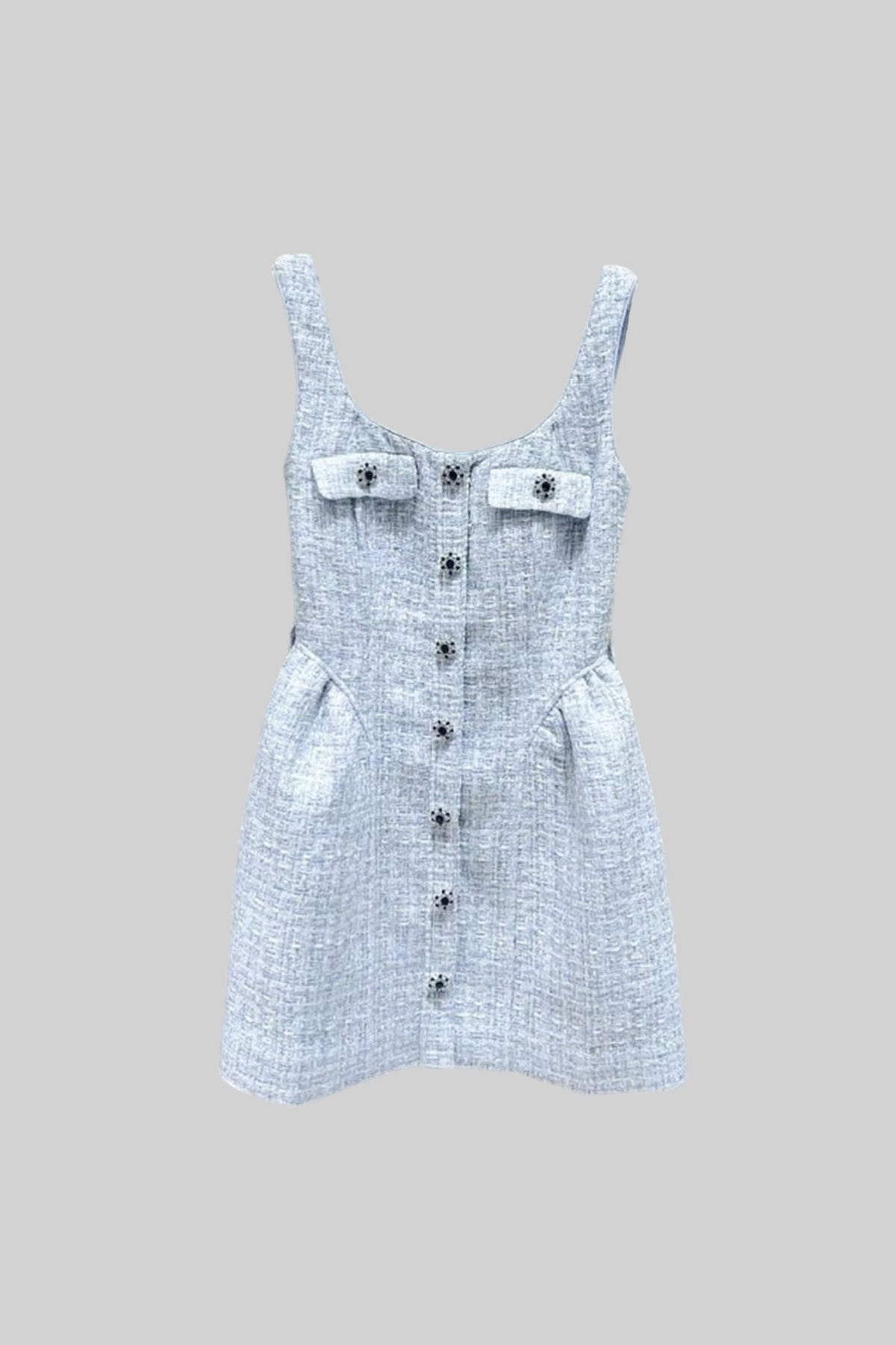 Textured Mini Dress With Fitted Bodice And Contrasting Buttons - Light Blue