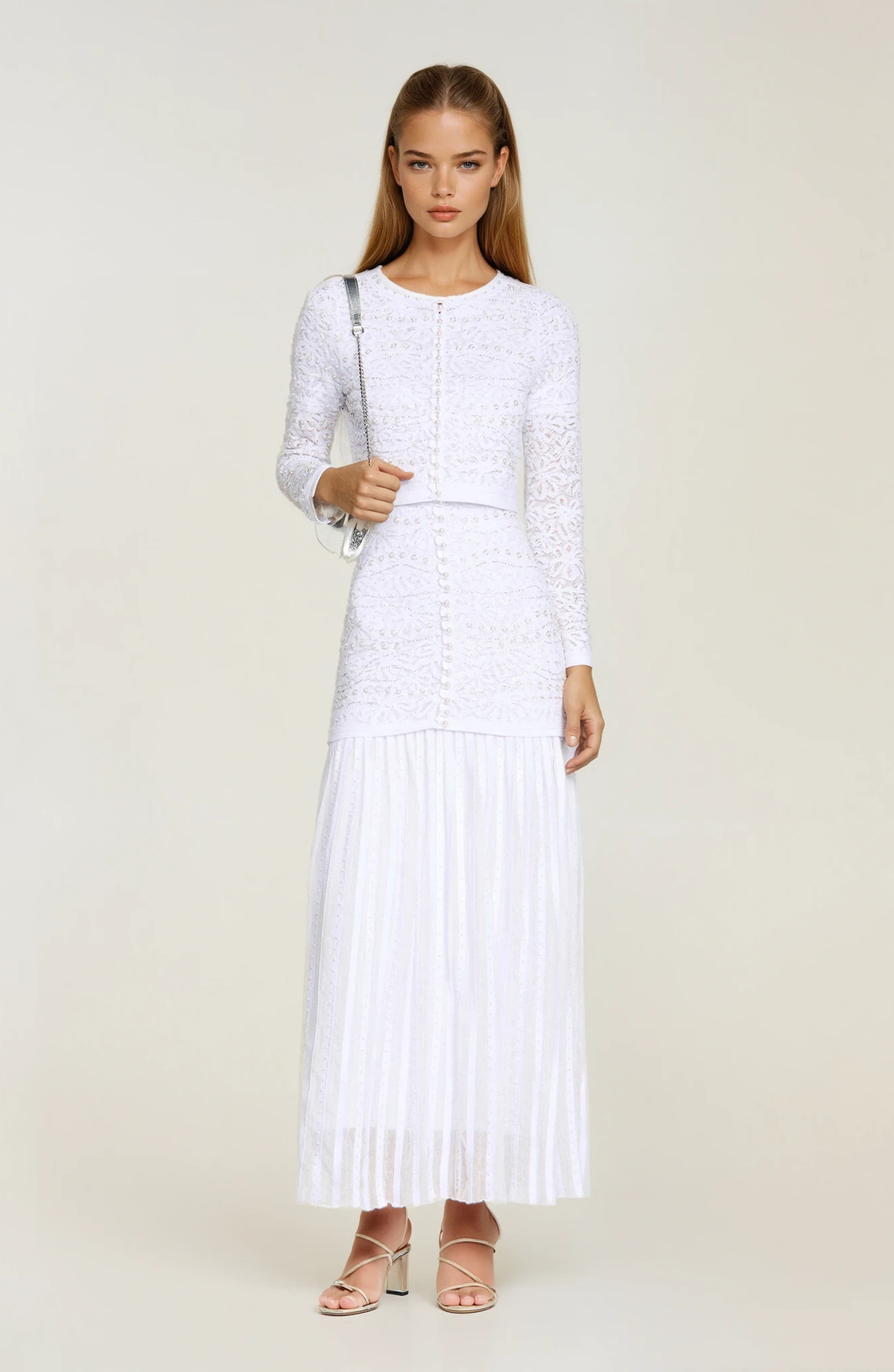 Sandro Celeste Embellished Knit Maxi  Cropped Pearled Cardigan - Pearl White