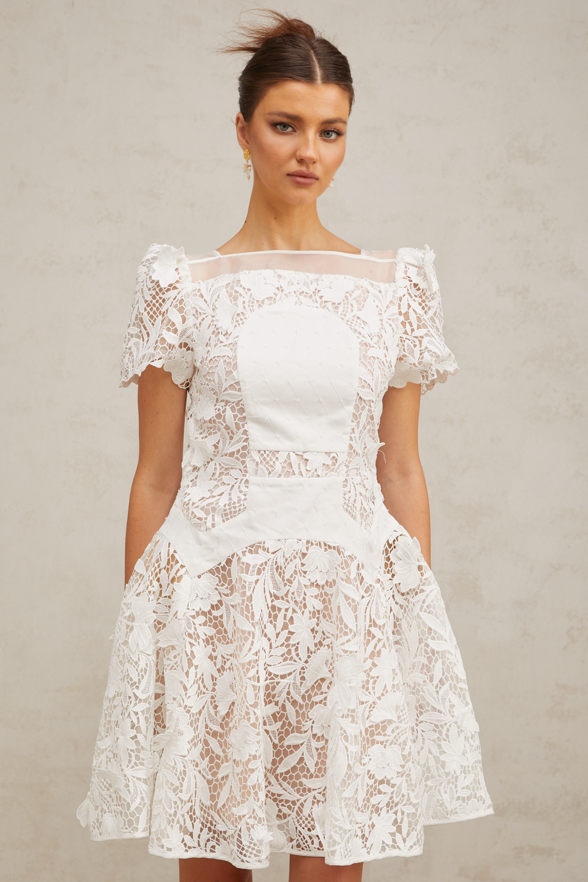 Josette white floral-lace puff mini dress