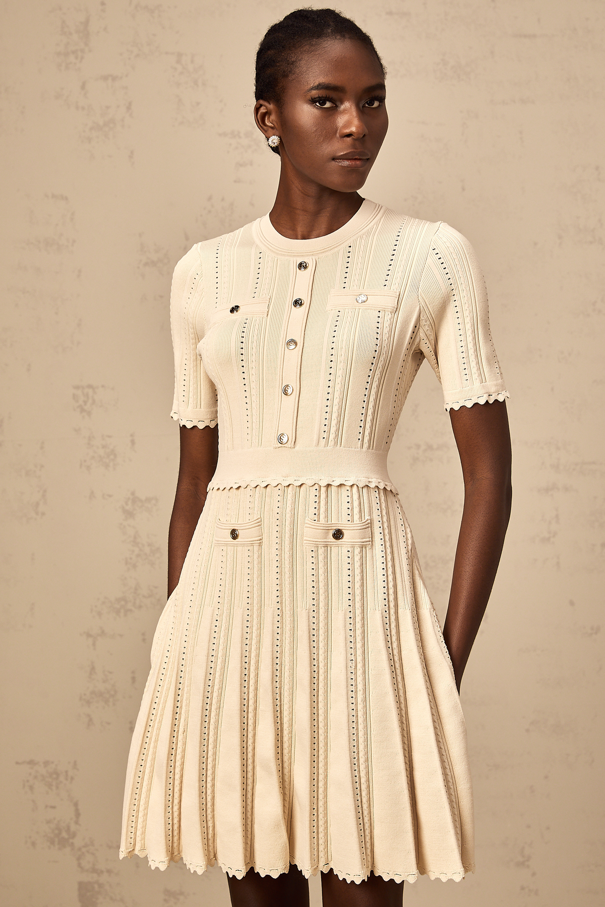 Amélie neutrals pointelle-trim pleated knit mini dress (Final Sale-US Only)