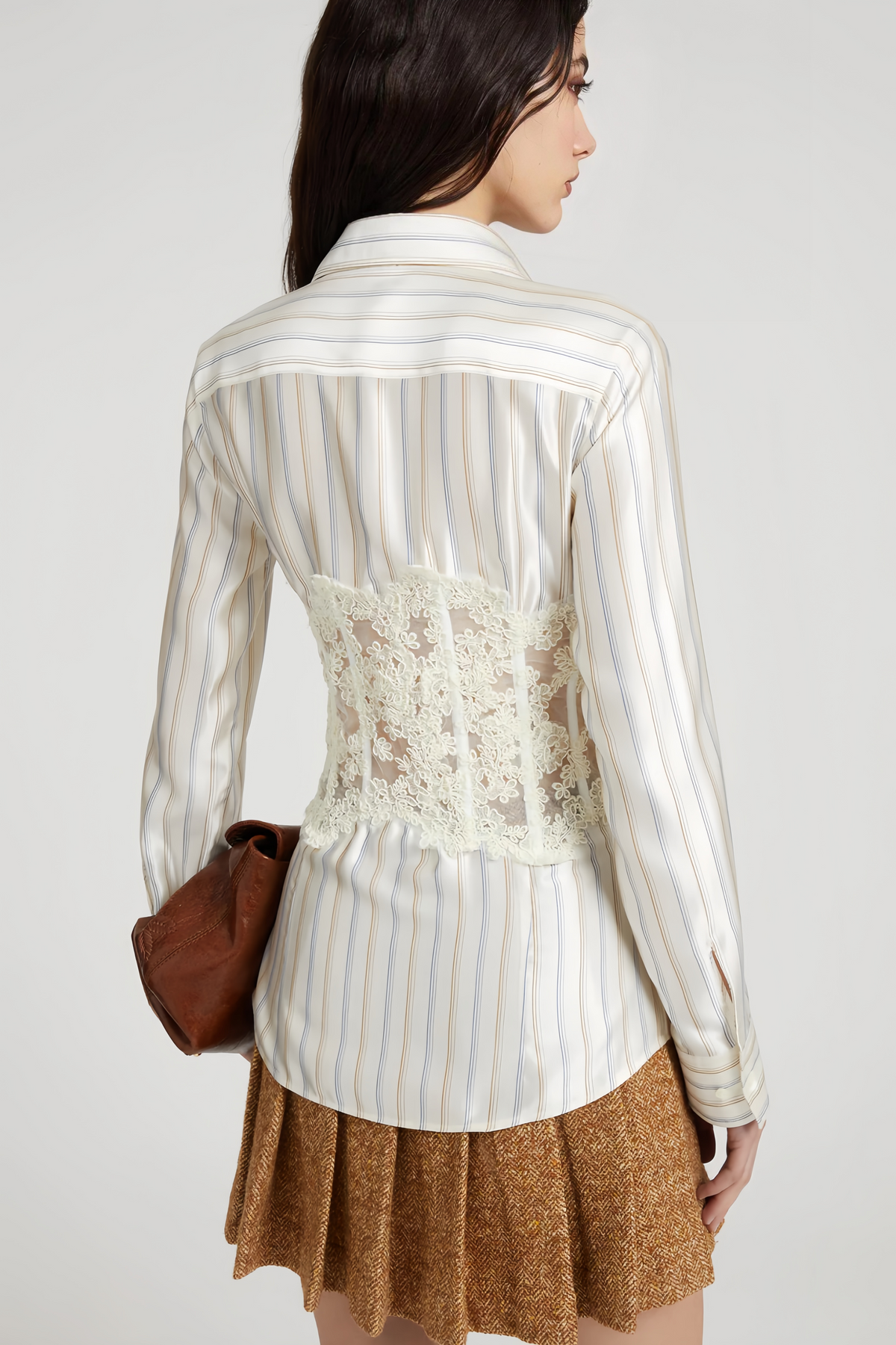 Wren White Lace Corset Panel Striped Button-Up Shirt