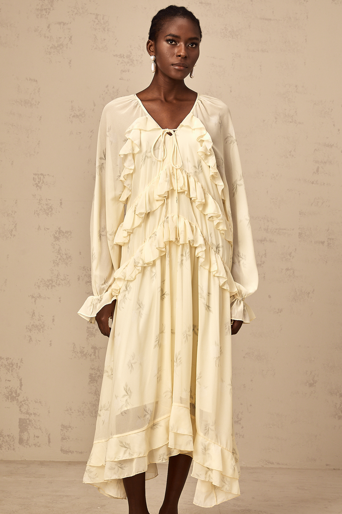 Oriane yellow floral-print ruffled chiffon midi dress