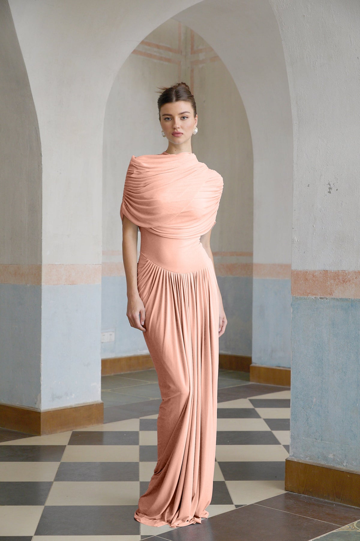 Catherine asymmetrical pleated maxi dress in Pink