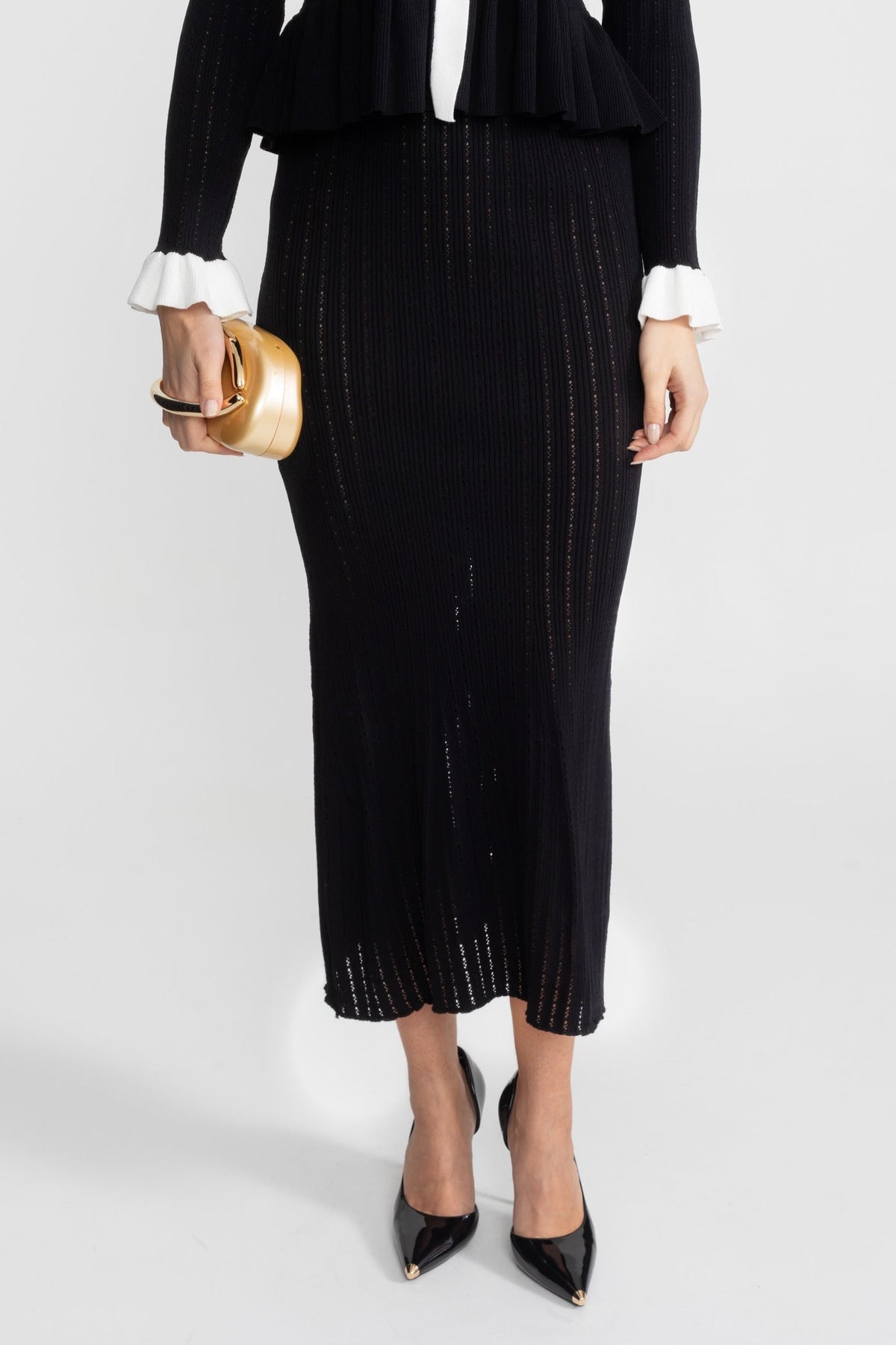 Pointelle Knit Midi Co-Ord with Contrast Trim – Black