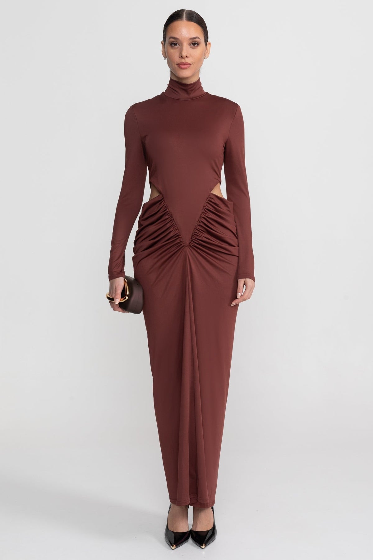 High Neck Maxi Dress With Long Sleeves And Waist Cut-Out Detail - Brown