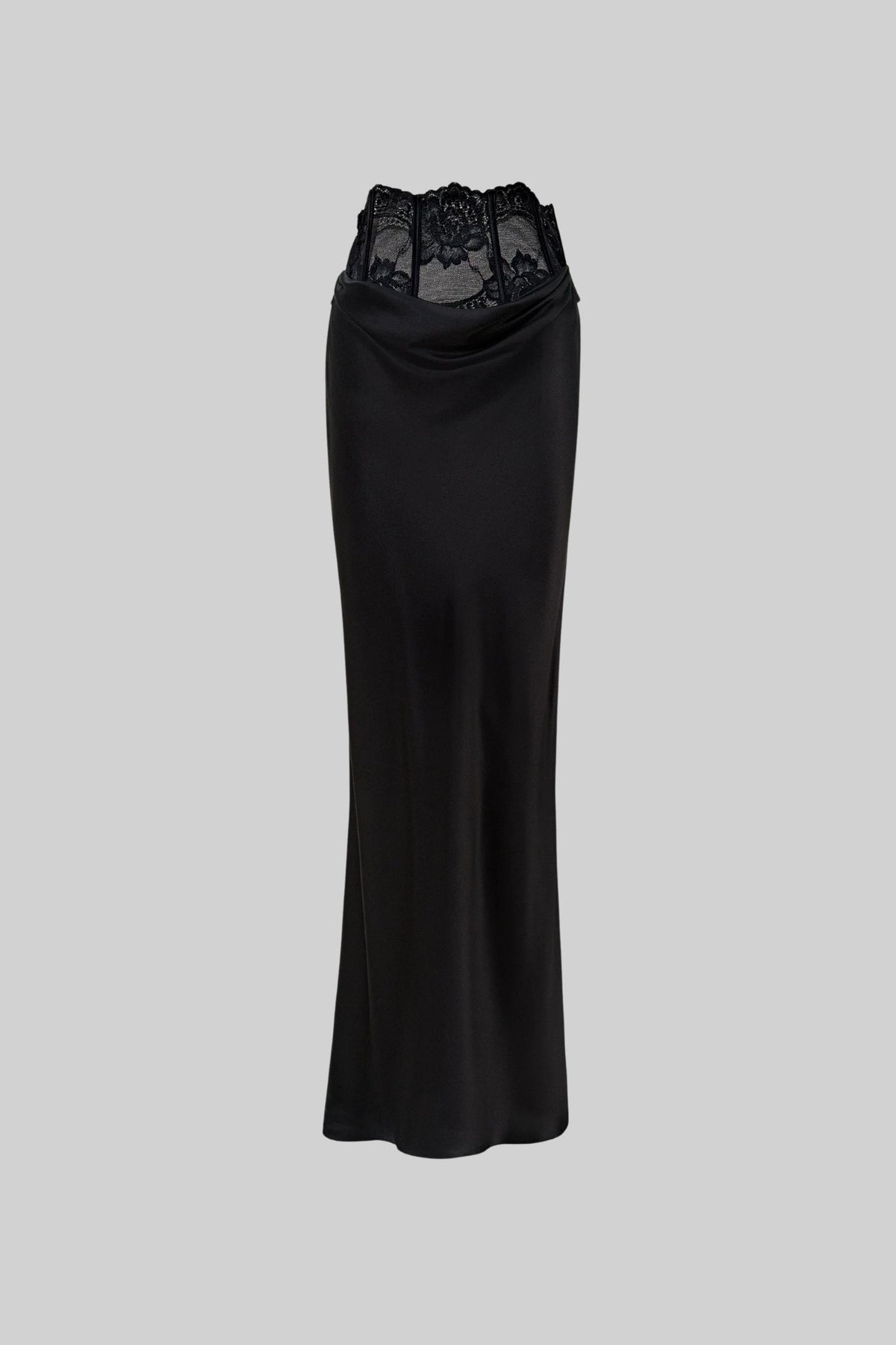 Satin Maxi Pencil Skirt with Lace Corset Waist – Black