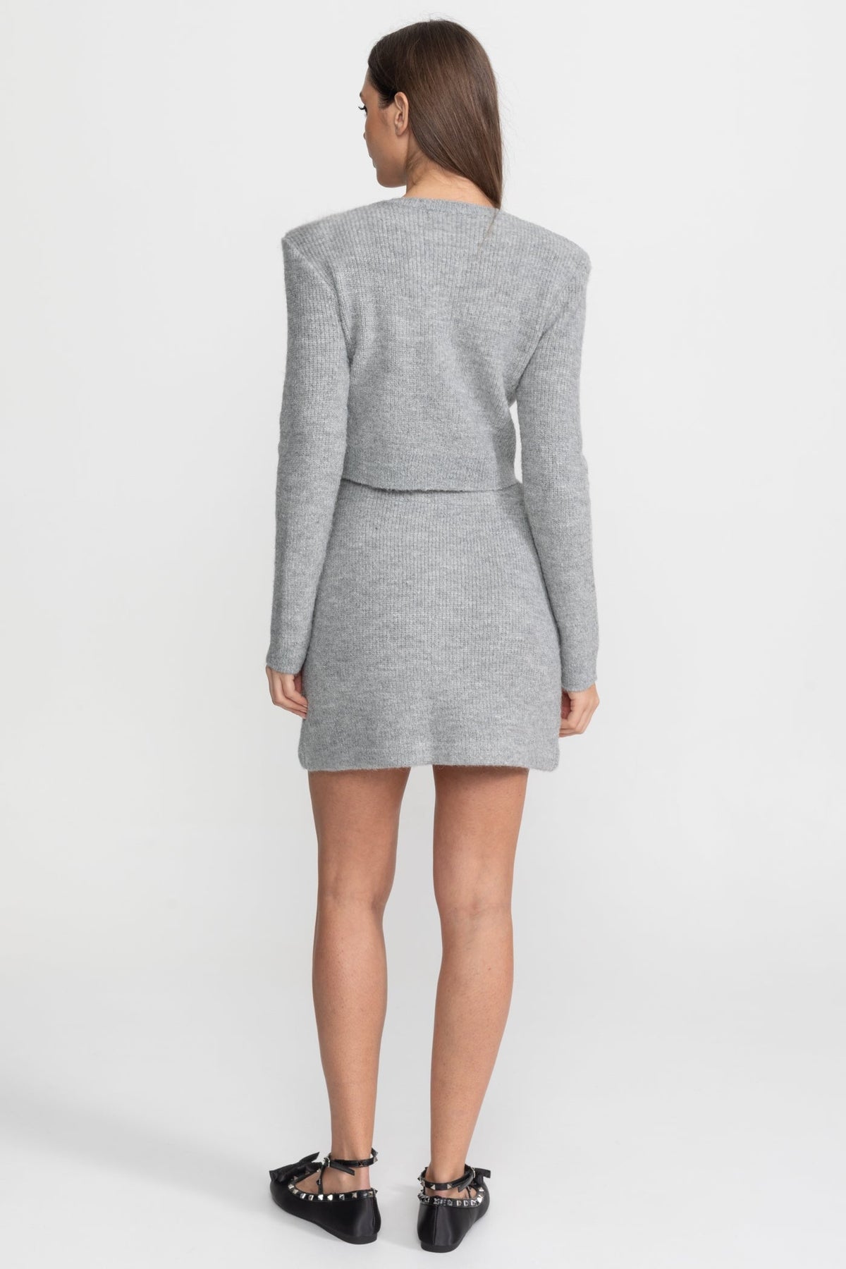Embellished Knit Co-Ord Set with Crystal Buttons – Grey
