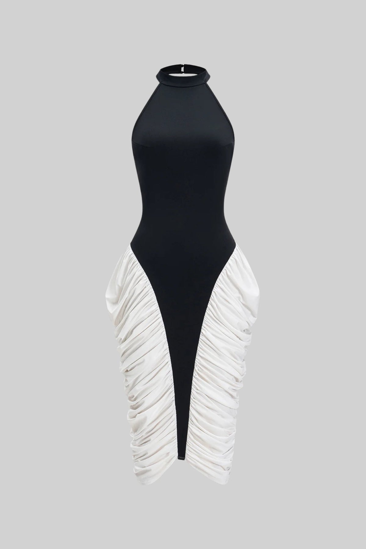 Two-Tone Ruched Halter Midi Dress – Black & White
